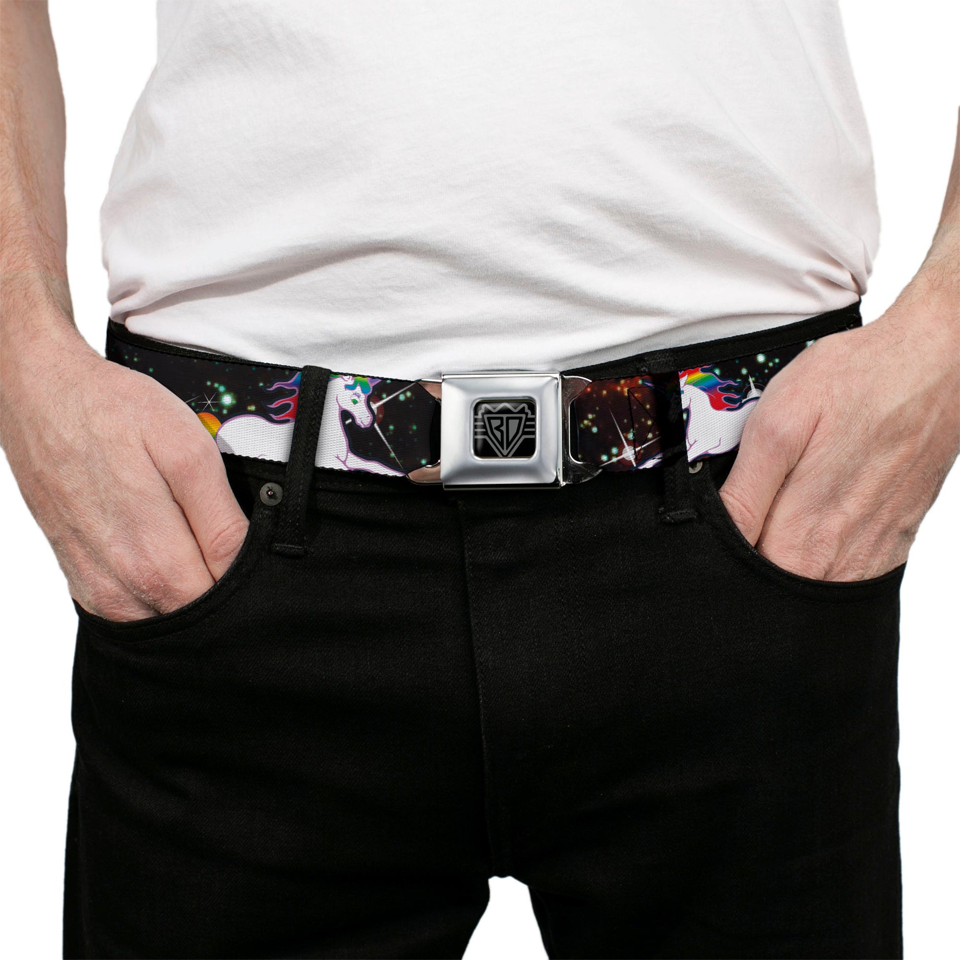 BD Wings Logo CLOSE-UP Full Color Black Silver Seatbelt Belt - Unicorn Universe Webbing Seatbelt Belts Buckle-Down
