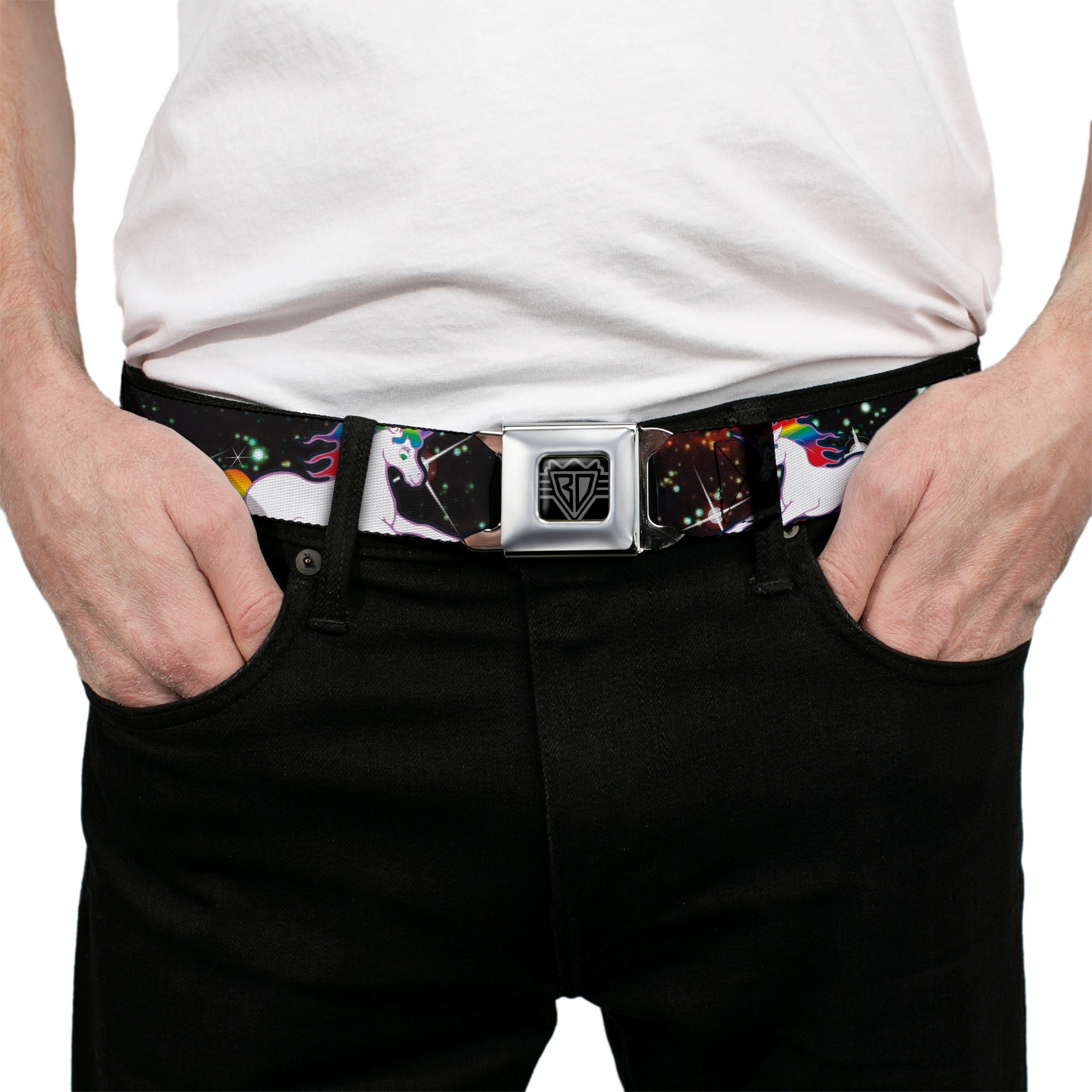 BD Wings Logo CLOSE-UP Full Color Black Silver Seatbelt Belt - Unicorn Universe Webbing Seatbelt Belts Buckle-Down