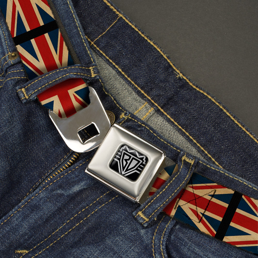 BD Wings Logo CLOSE-UP Full Color Black Silver Seatbelt Belt - United Kingdom Flags Vintage Black Webbing Seatbelt Belts Buckle-Down