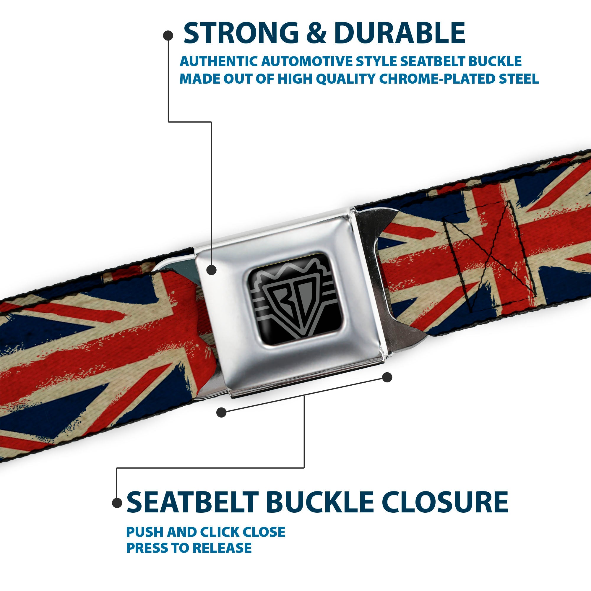 BD Wings Logo CLOSE-UP Full Color Black Silver Seatbelt Belt - United Kingdom Flags Distressed Painting Webbing Seatbelt Belts Buckle-Down
