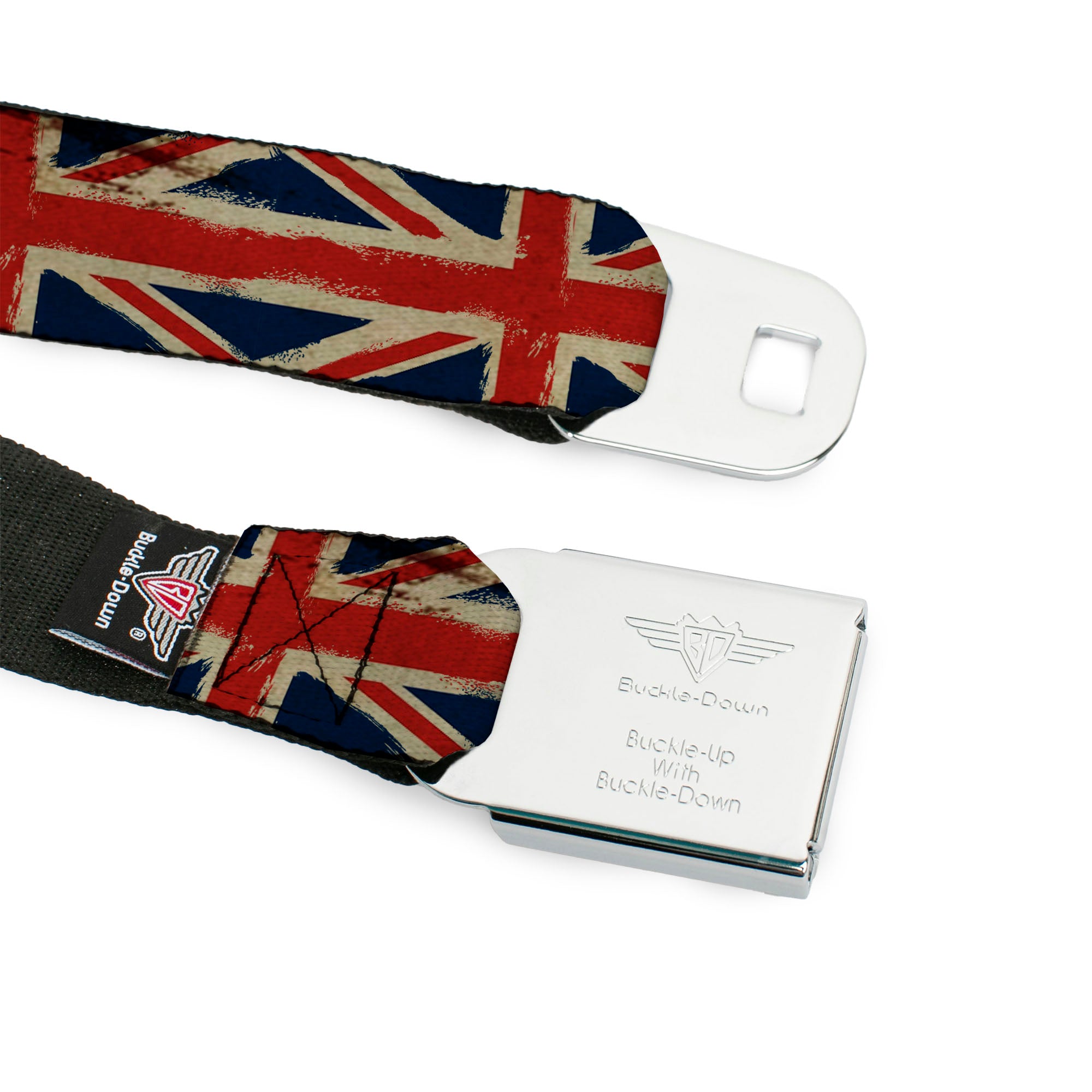 BD Wings Logo CLOSE-UP Full Color Black Silver Seatbelt Belt - United Kingdom Flags Distressed Painting Webbing Seatbelt Belts Buckle-Down
