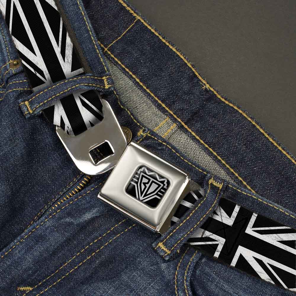 BD Wings Logo CLOSE-UP Full Color Black Silver Seatbelt Belt - Union Jack Distressed Black/White Webbing Seatbelt Belts Buckle-Down