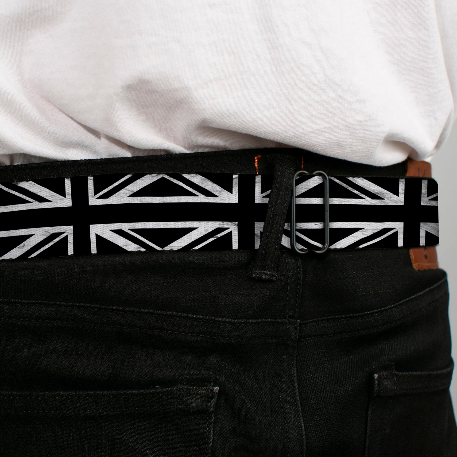 BD Wings Logo CLOSE-UP Full Color Black Silver Seatbelt Belt - Union Jack Distressed Black/White Webbing Seatbelt Belts Buckle-Down