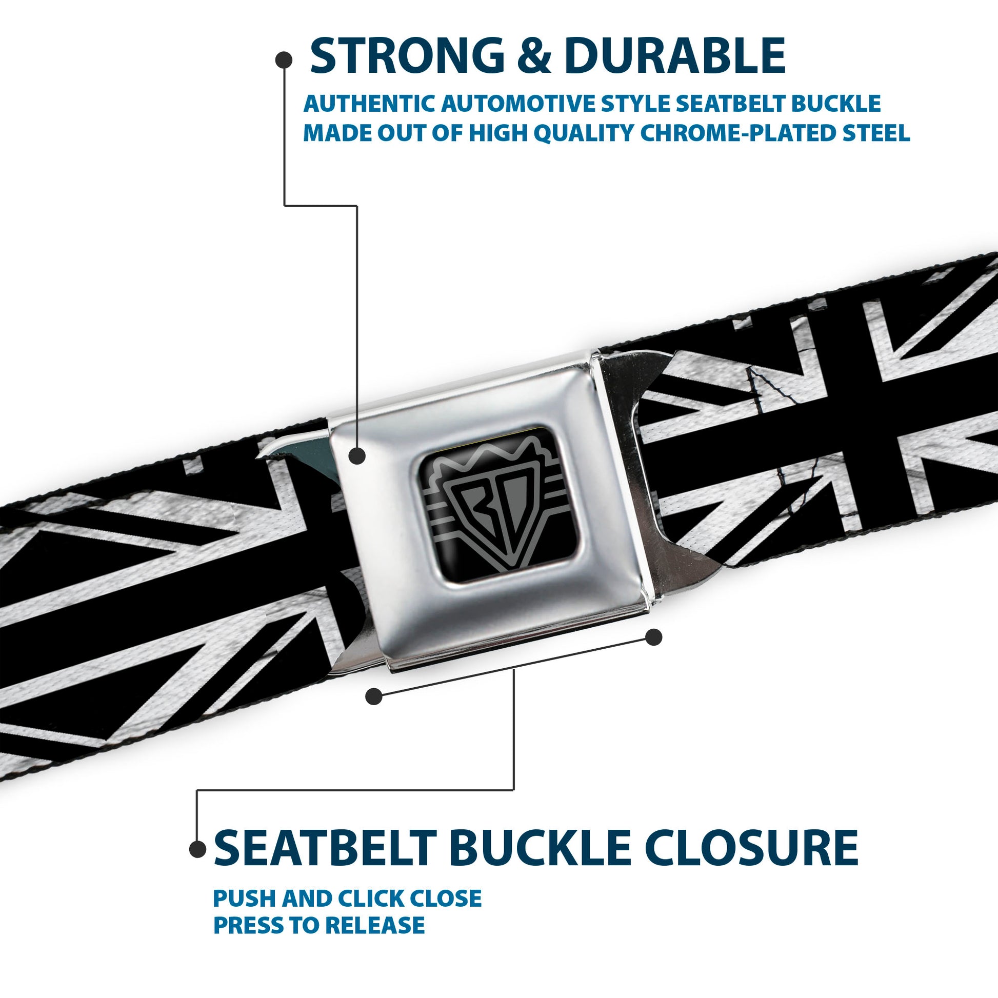 BD Wings Logo CLOSE-UP Full Color Black Silver Seatbelt Belt - Union Jack Distressed Black/White Webbing Seatbelt Belts Buckle-Down