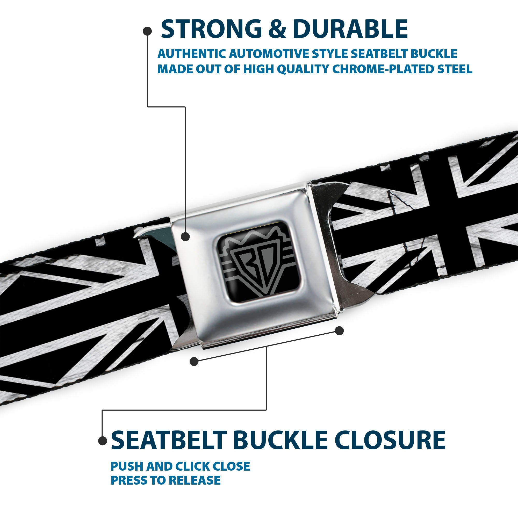 BD Wings Logo CLOSE-UP Full Color Black Silver Seatbelt Belt - Union Jack Distressed Black/White Webbing Seatbelt Belts Buckle-Down