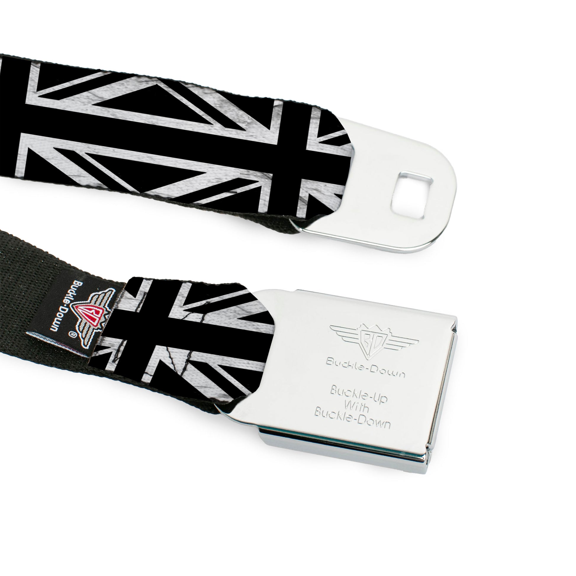 BD Wings Logo CLOSE-UP Full Color Black Silver Seatbelt Belt - Union Jack Distressed Black/White Webbing Seatbelt Belts Buckle-Down