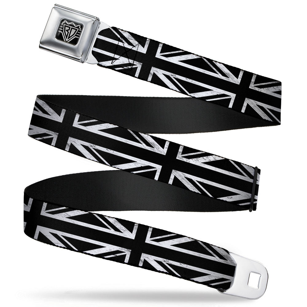 BD Wings Logo CLOSE-UP Full Color Black Silver Seatbelt Belt - Union Jack Distressed Black/White Webbing Seatbelt Belts Buckle-Down