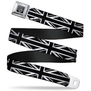BD Wings Logo CLOSE-UP Full Color Black Silver Seatbelt Belt - Union Jack Distressed Black/White Webbing Seatbelt Belts Buckle-Down