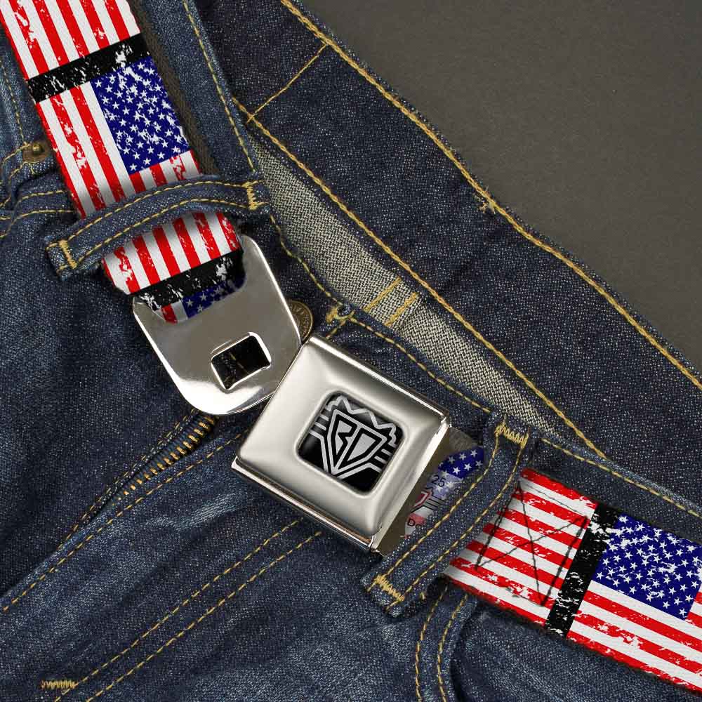 BD Wings Logo CLOSE-UP Full Color Black Silver Seatbelt Belt - United States Flags Weathered/Black Webbing Seatbelt Belts Buckle-Down