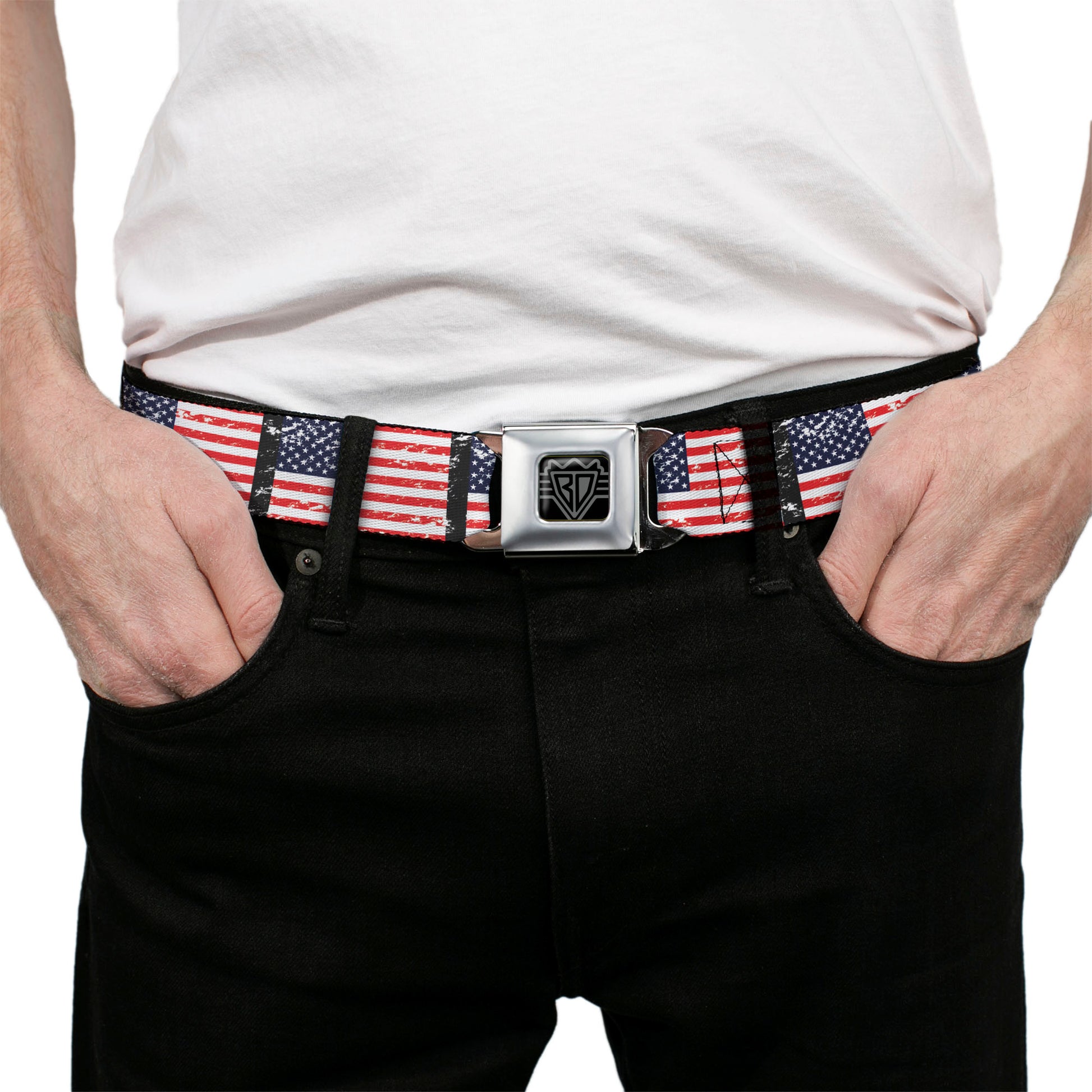 BD Wings Logo CLOSE-UP Full Color Black Silver Seatbelt Belt - United States Flags Weathered/Black Webbing Seatbelt Belts Buckle-Down