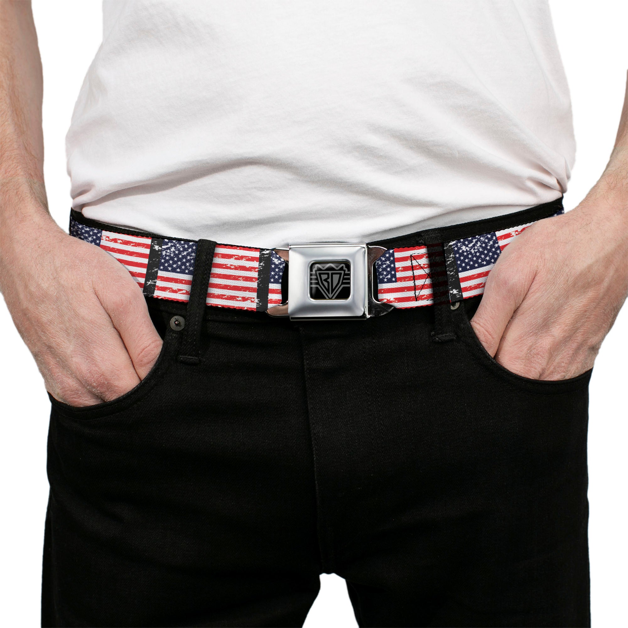 BD Wings Logo CLOSE-UP Full Color Black Silver Seatbelt Belt - United States Flags Weathered/Black Webbing Seatbelt Belts Buckle-Down