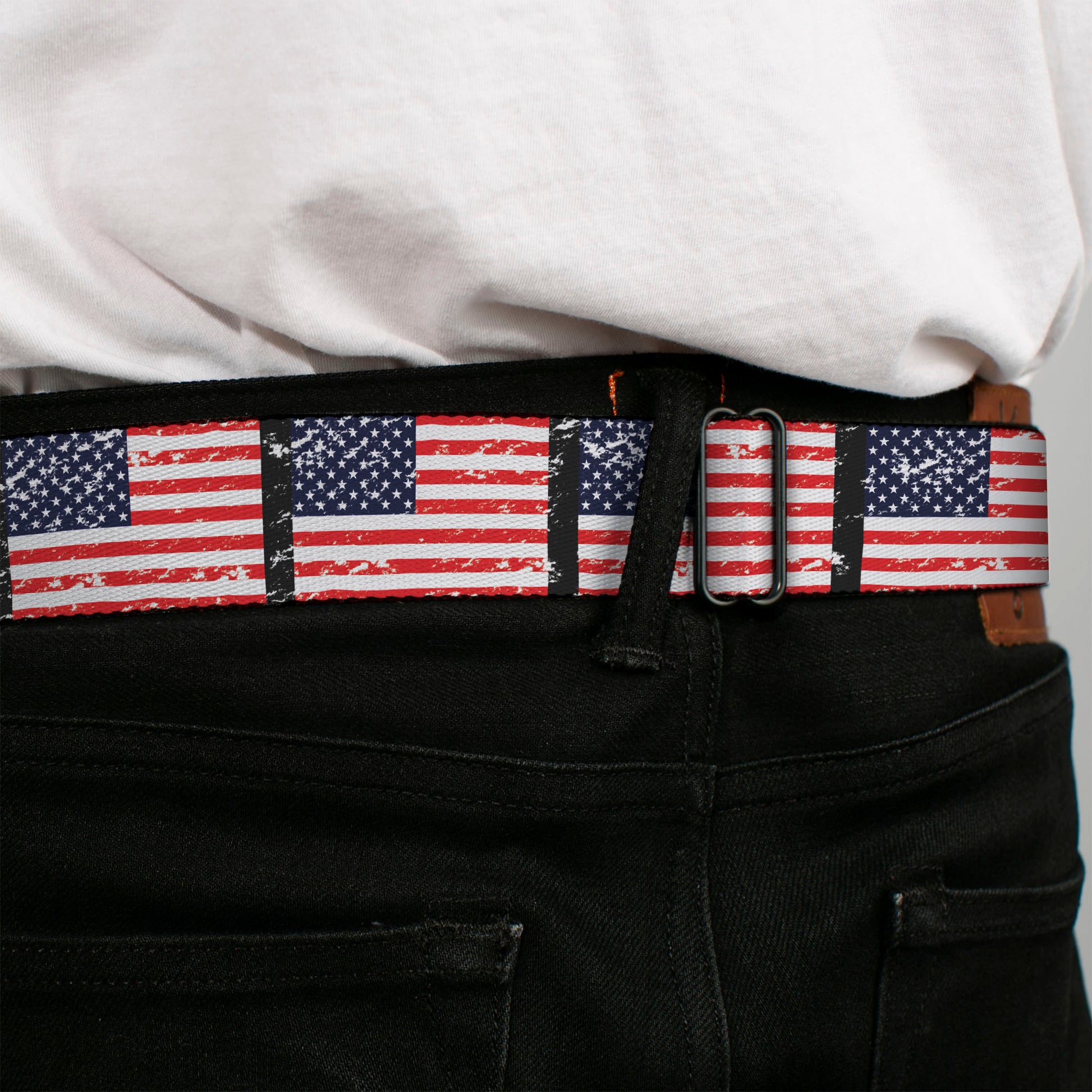 BD Wings Logo CLOSE-UP Full Color Black Silver Seatbelt Belt - United States Flags Weathered/Black Webbing Seatbelt Belts Buckle-Down