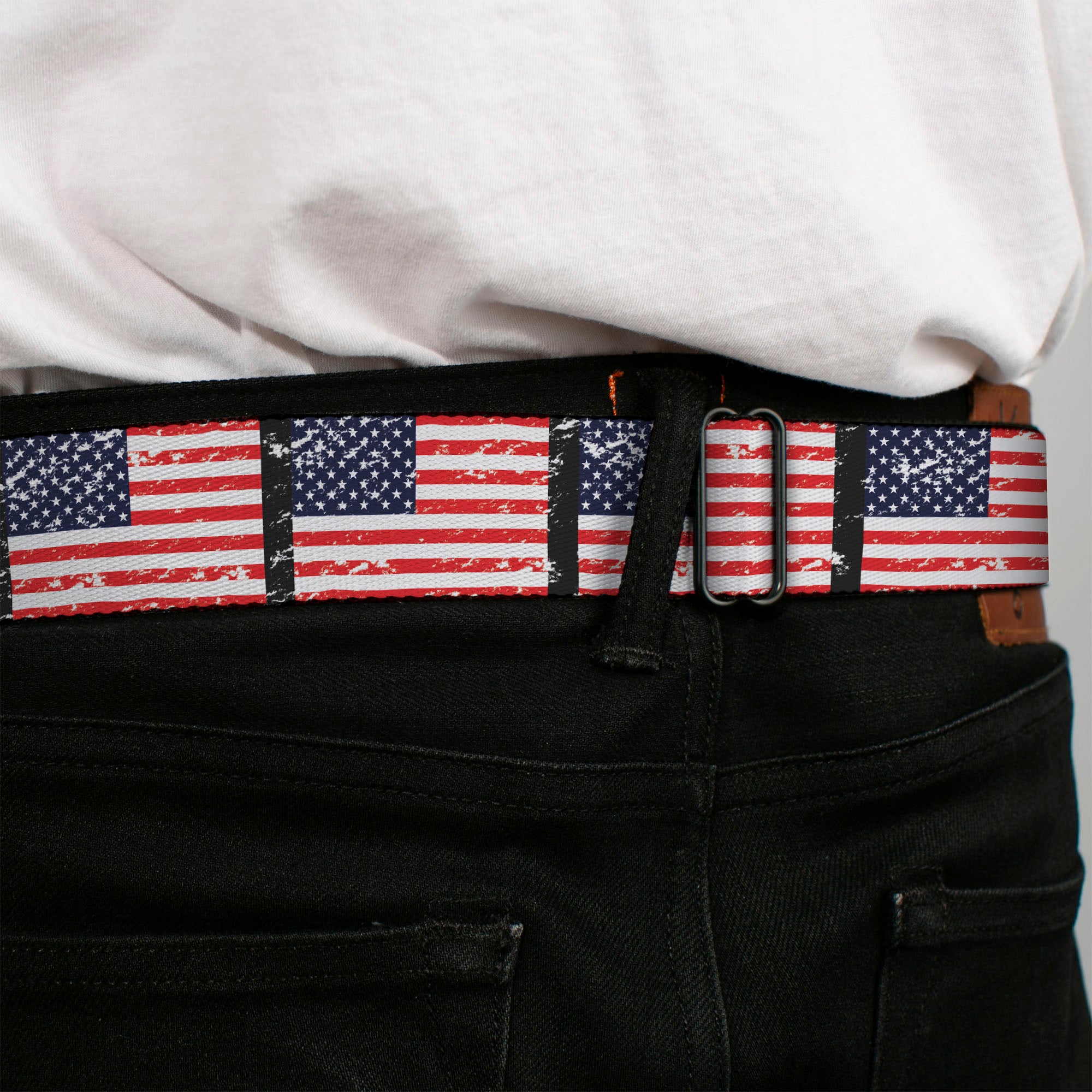 BD Wings Logo CLOSE-UP Full Color Black Silver Seatbelt Belt - United States Flags Weathered/Black Webbing Seatbelt Belts Buckle-Down