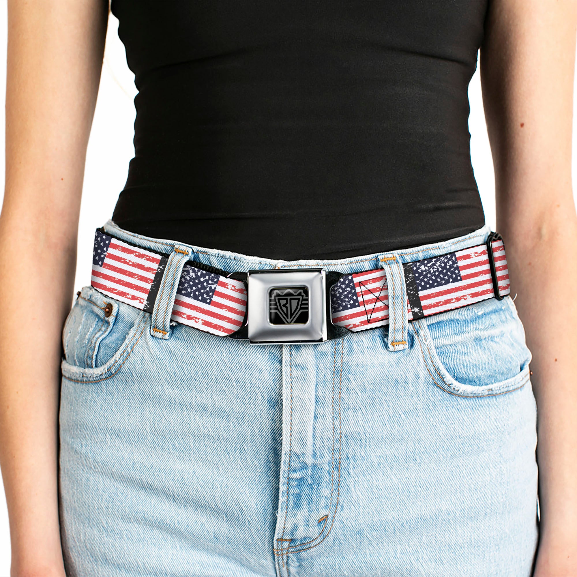 BD Wings Logo CLOSE-UP Full Color Black Silver Seatbelt Belt - United States Flags Weathered/Black Webbing Seatbelt Belts Buckle-Down