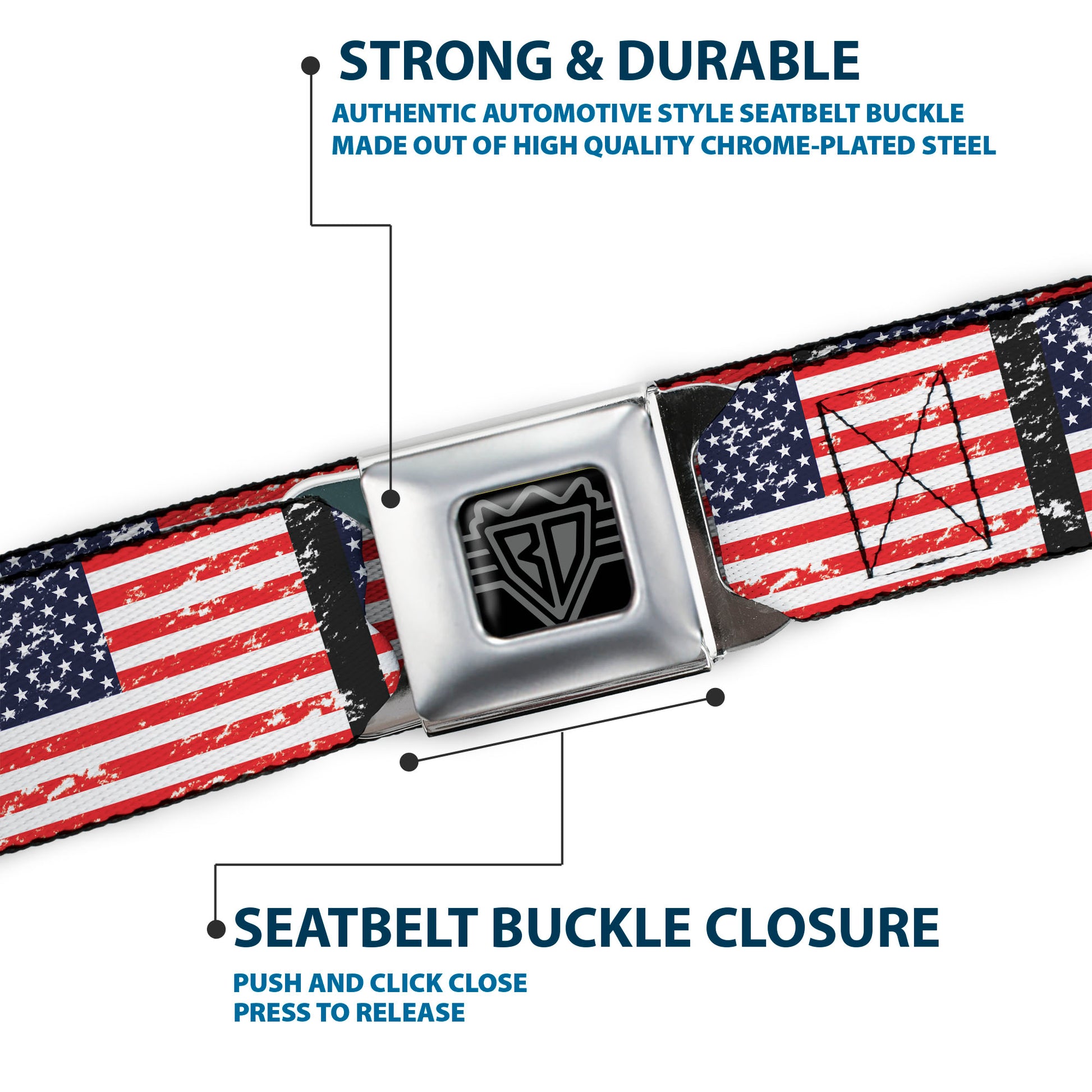 BD Wings Logo CLOSE-UP Full Color Black Silver Seatbelt Belt - United States Flags Weathered/Black Webbing Seatbelt Belts Buckle-Down