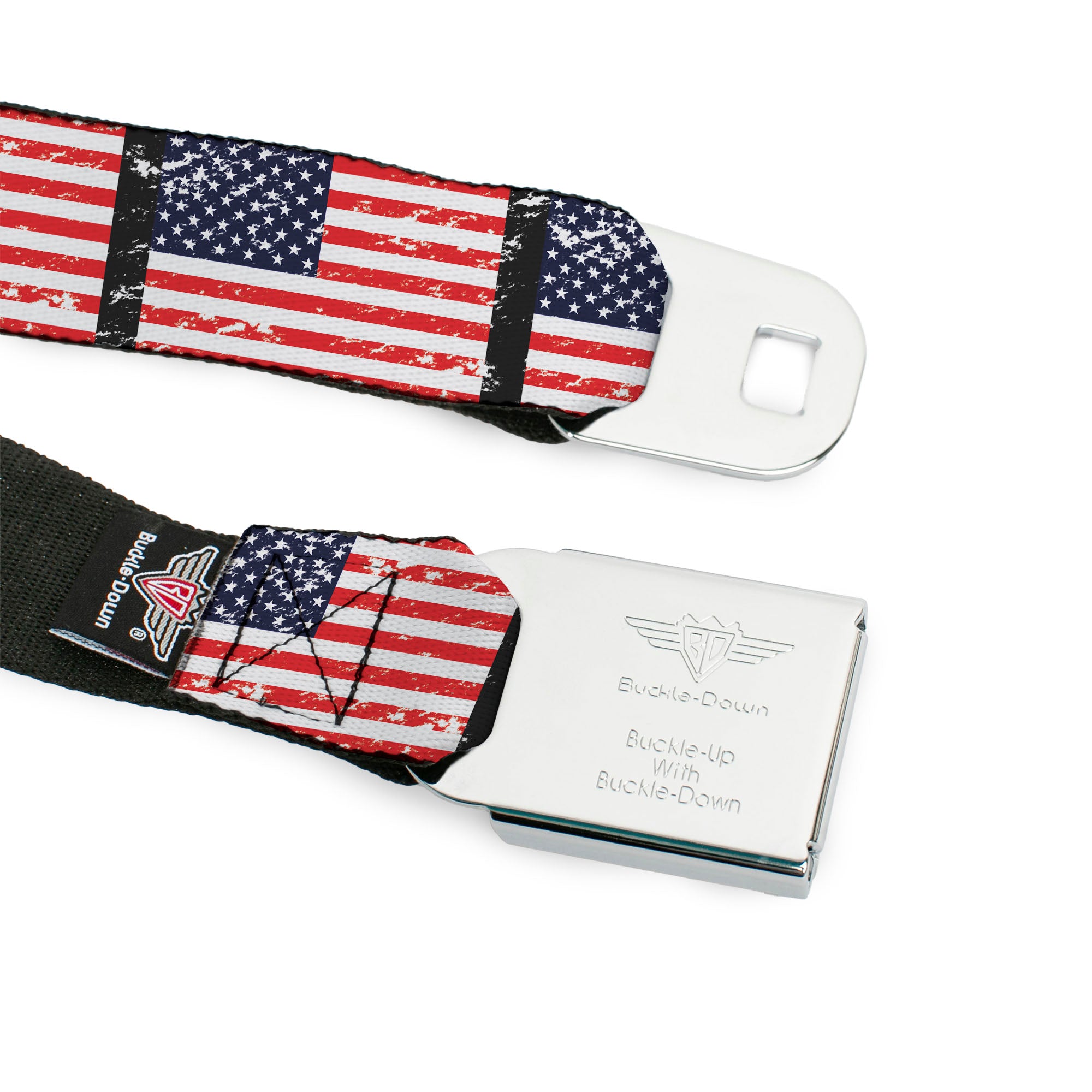 BD Wings Logo CLOSE-UP Full Color Black Silver Seatbelt Belt - United States Flags Weathered/Black Webbing Seatbelt Belts Buckle-Down