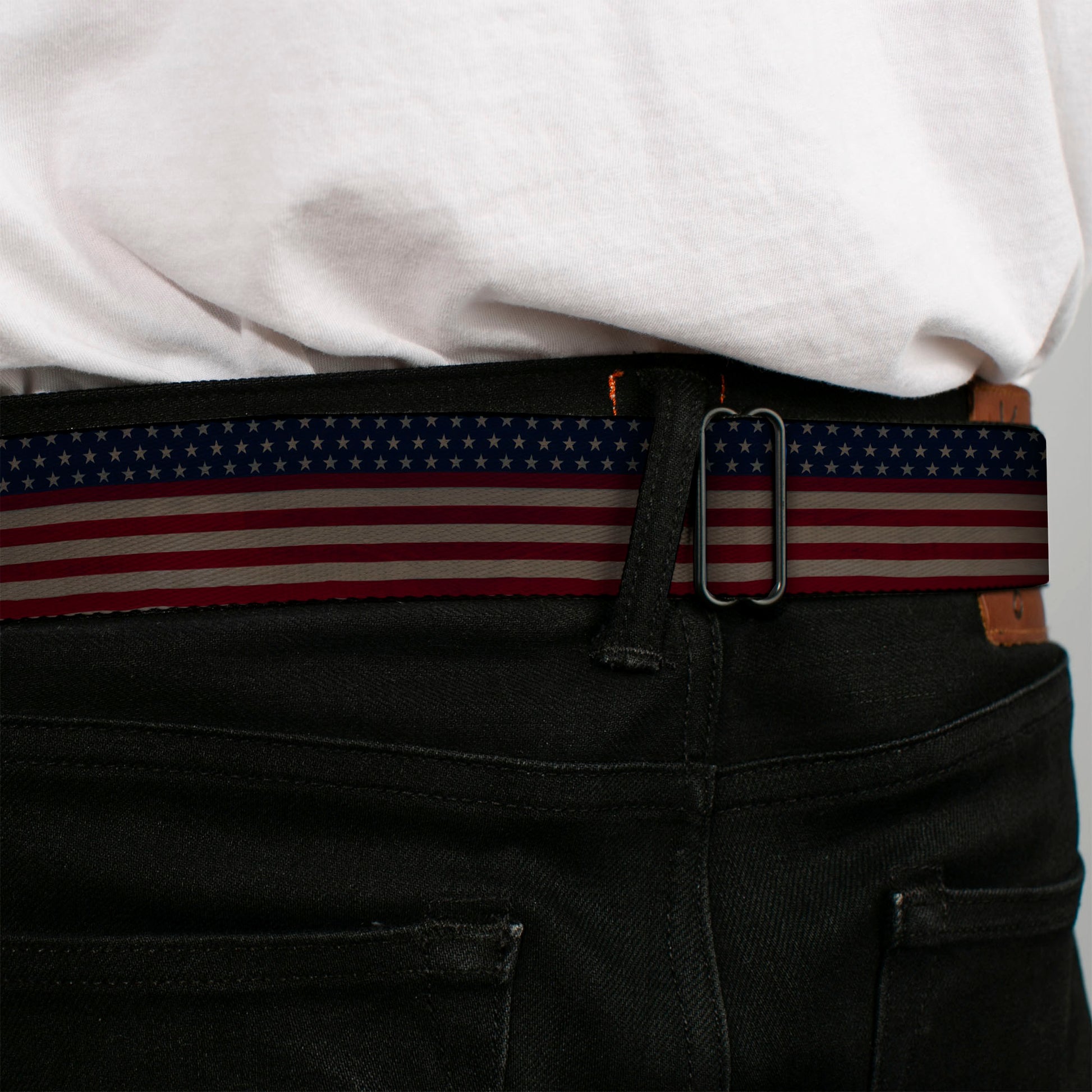 BD Wings Logo CLOSE-UP Full Color Black Silver Seatbelt Belt - United States Flag Stars & Stripes Distressed Webbing Seatbelt Belts Buckle-Down