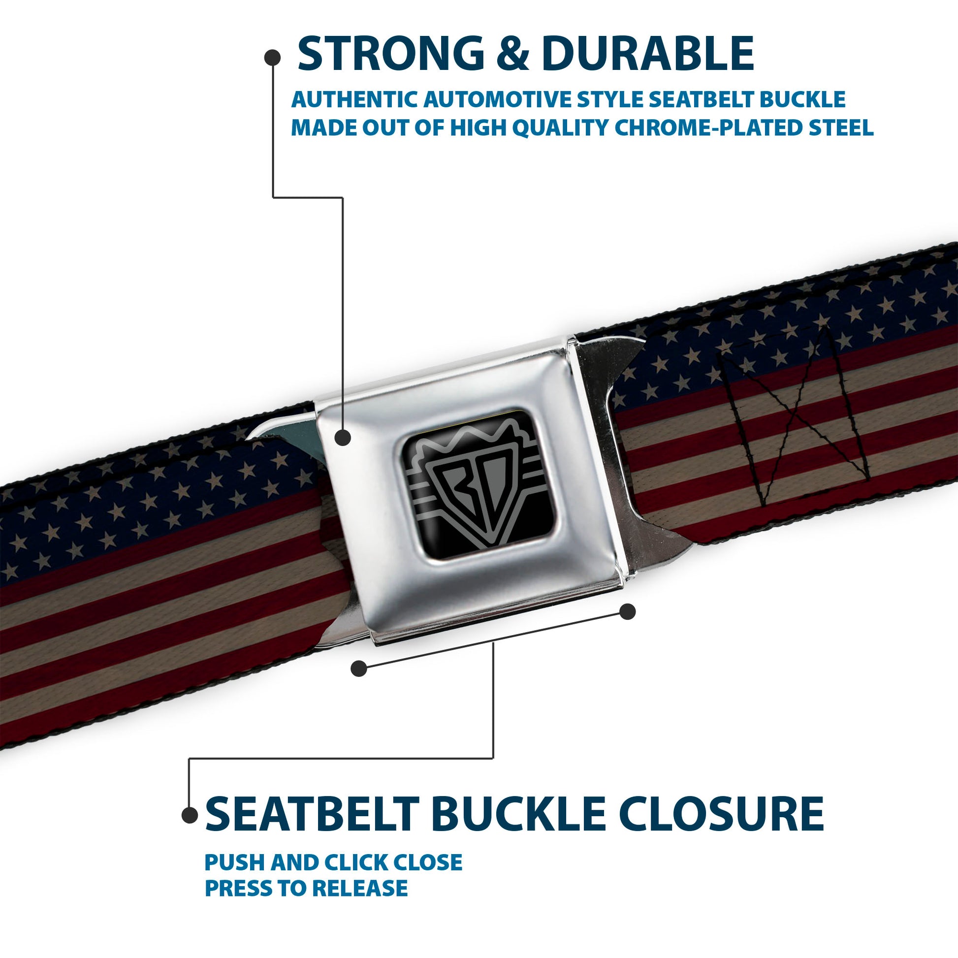 BD Wings Logo CLOSE-UP Full Color Black Silver Seatbelt Belt - United States Flag Stars & Stripes Distressed Webbing Seatbelt Belts Buckle-Down