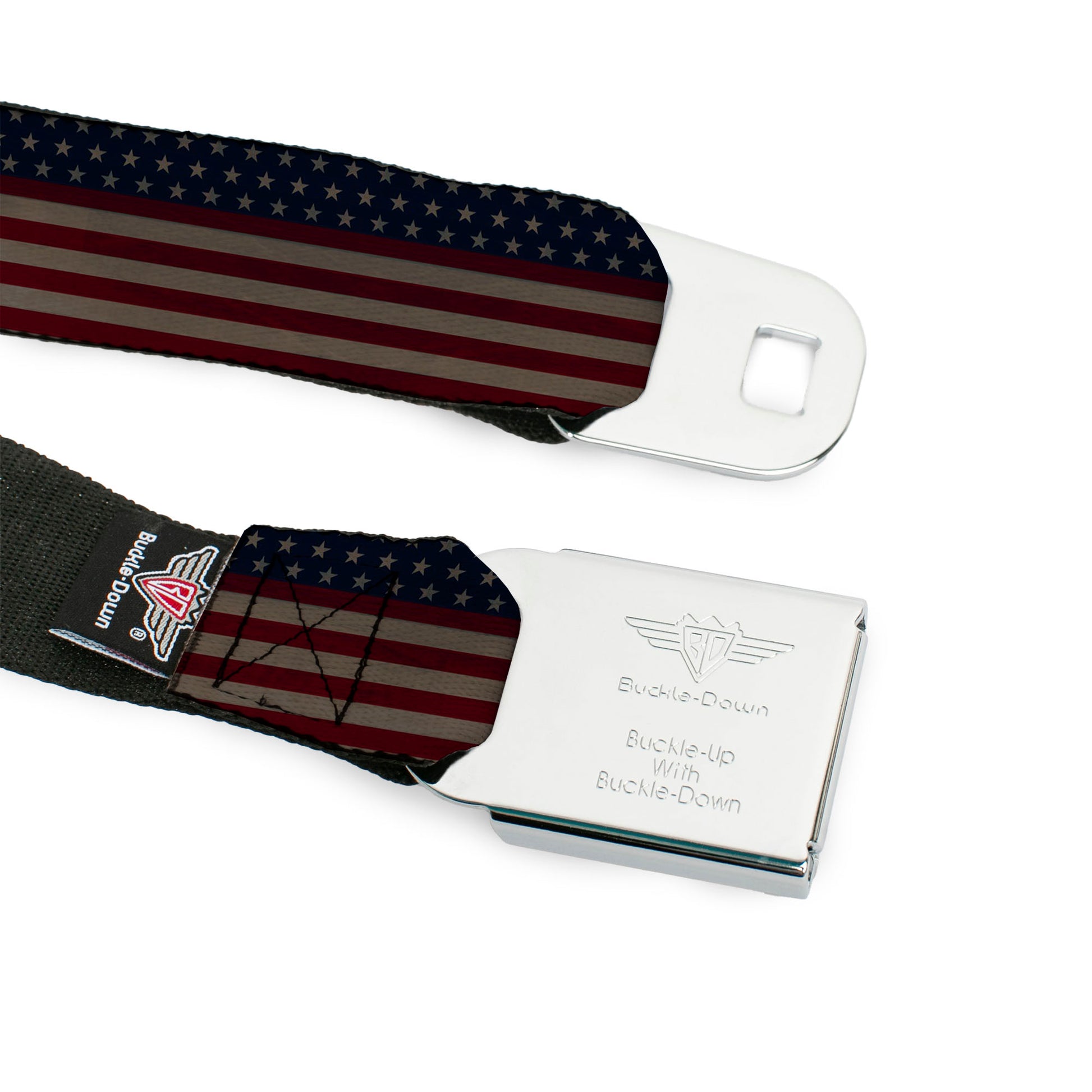 BD Wings Logo CLOSE-UP Full Color Black Silver Seatbelt Belt - United States Flag Stars & Stripes Distressed Webbing Seatbelt Belts Buckle-Down