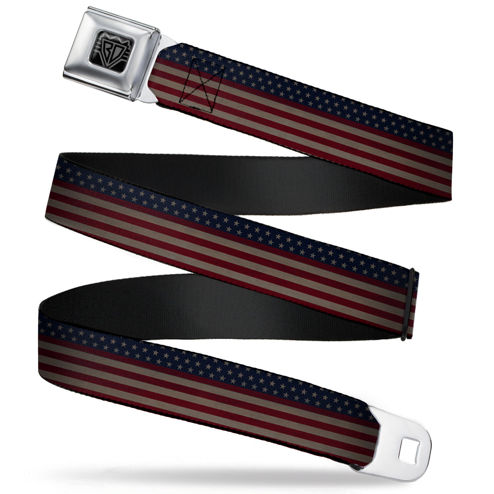 BD Wings Logo CLOSE-UP Full Color Black Silver Seatbelt Belt - United States Flag Stars & Stripes Distressed Webbing Seatbelt Belts Buckle-Down