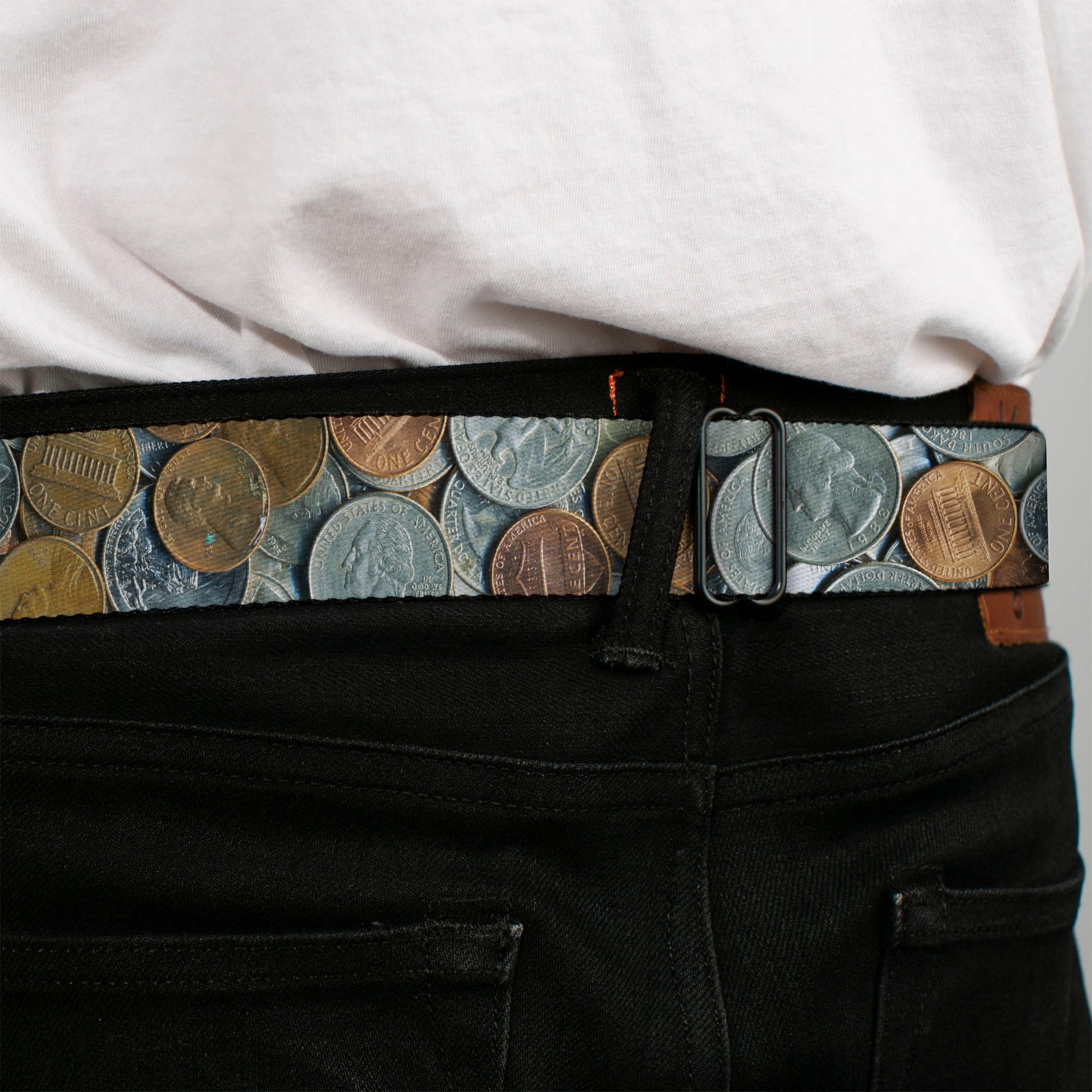 BD Wings Logo CLOSE-UP Full Color Black Silver Seatbelt Belt - US Coins Stacked Webbing Seatbelt Belts Buckle-Down