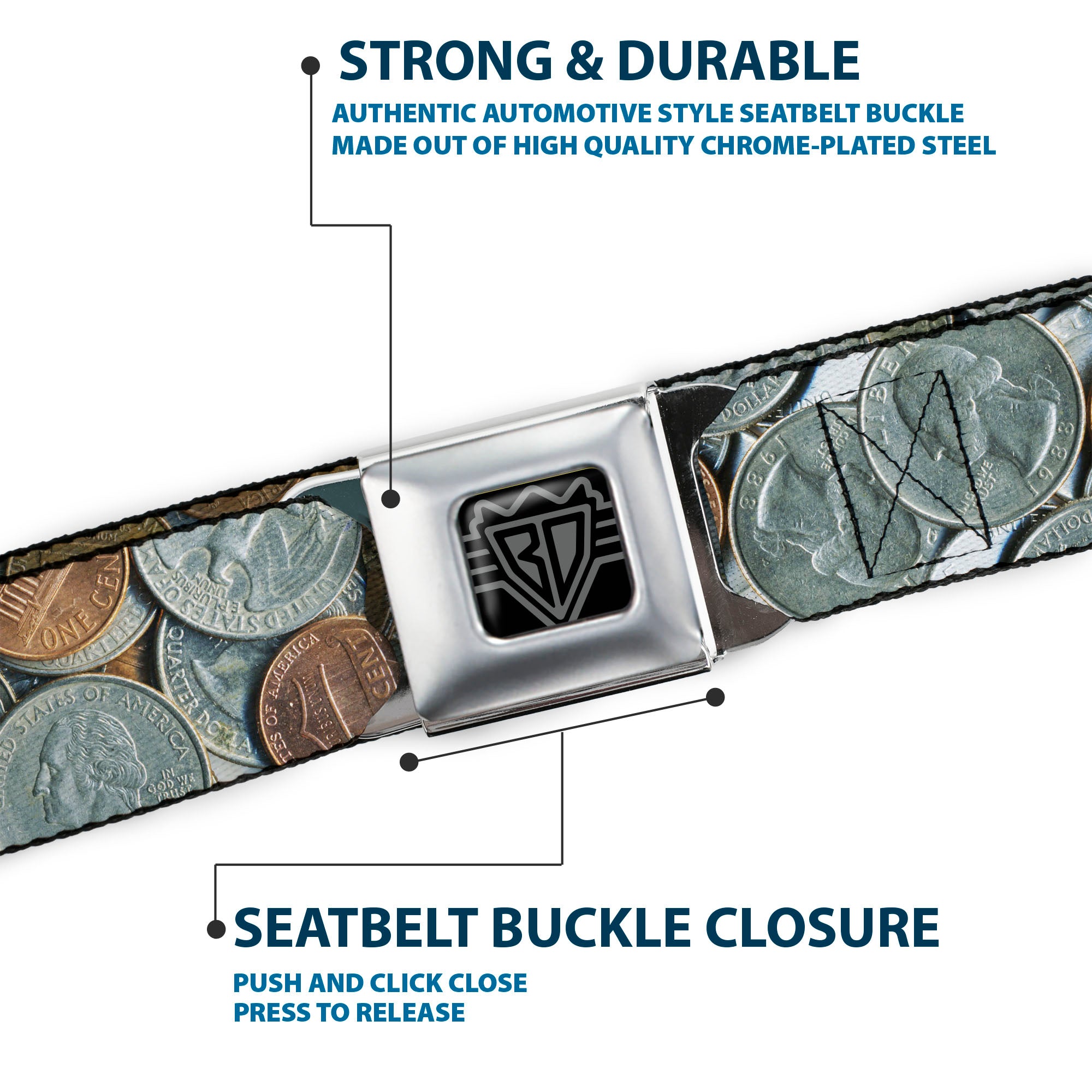 BD Wings Logo CLOSE-UP Full Color Black Silver Seatbelt Belt - US Coins Stacked Webbing Seatbelt Belts Buckle-Down