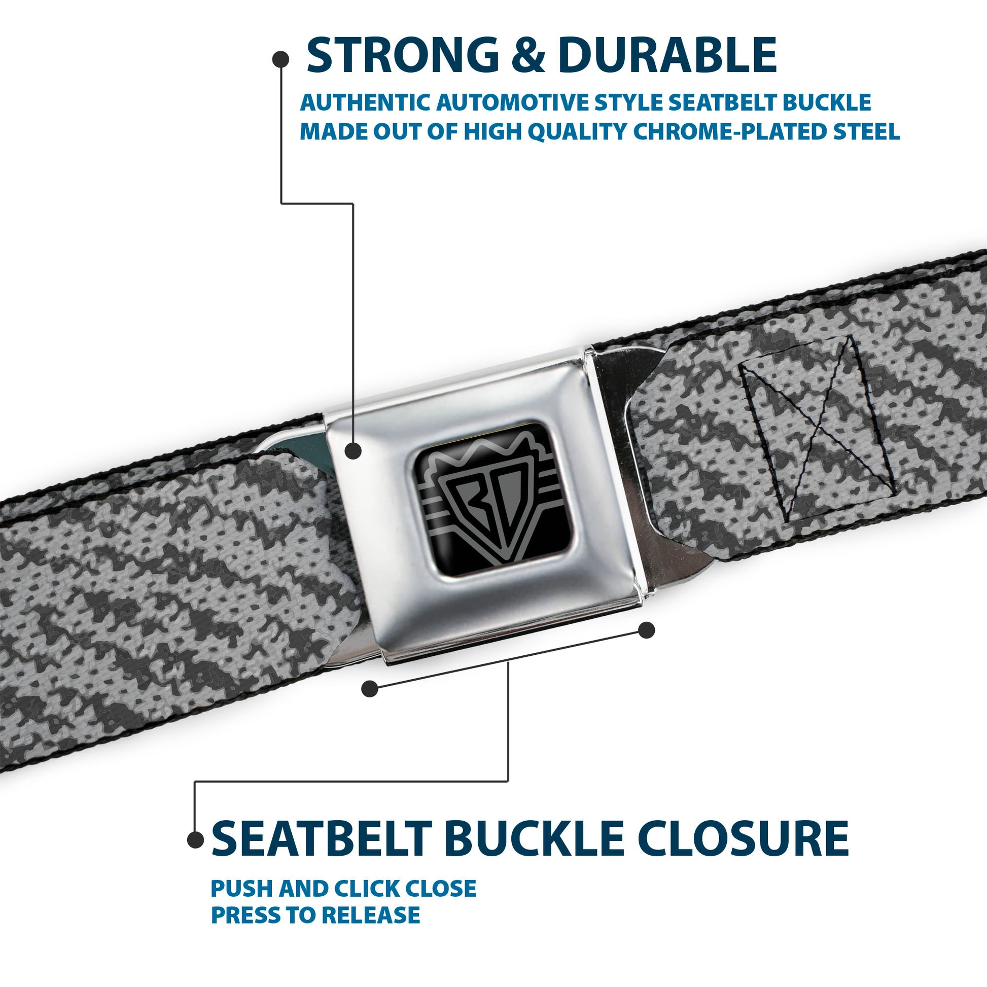 BD Wings Logo CLOSE-UP Full Color Black Silver Seatbelt Belt - Urban Camo Grays Webbing Seatbelt Belts Buckle-Down