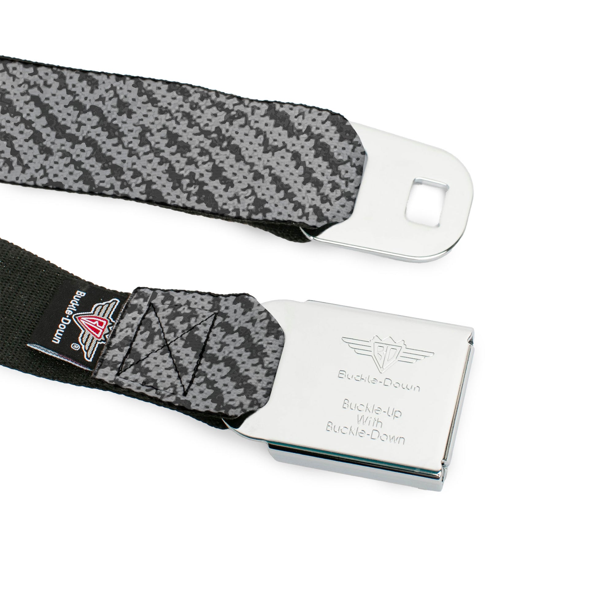 BD Wings Logo CLOSE-UP Full Color Black Silver Seatbelt Belt - Urban Camo Grays Webbing Seatbelt Belts Buckle-Down