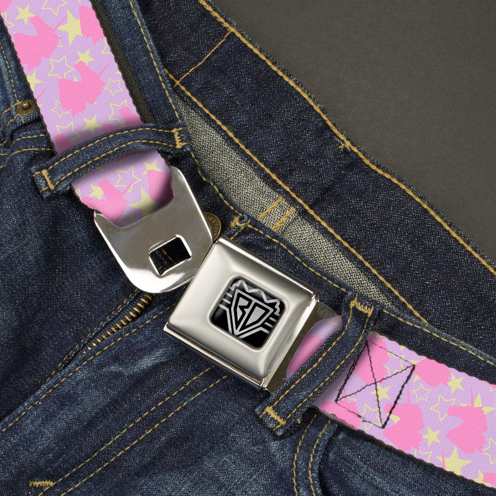 BD Wings Logo CLOSE-UP Full Color Black Silver Seatbelt Belt - Unicorn Icon Monogram/Stars Lavender/Yellow/Pink Webbing Seatbelt Belts Buckle-Down
