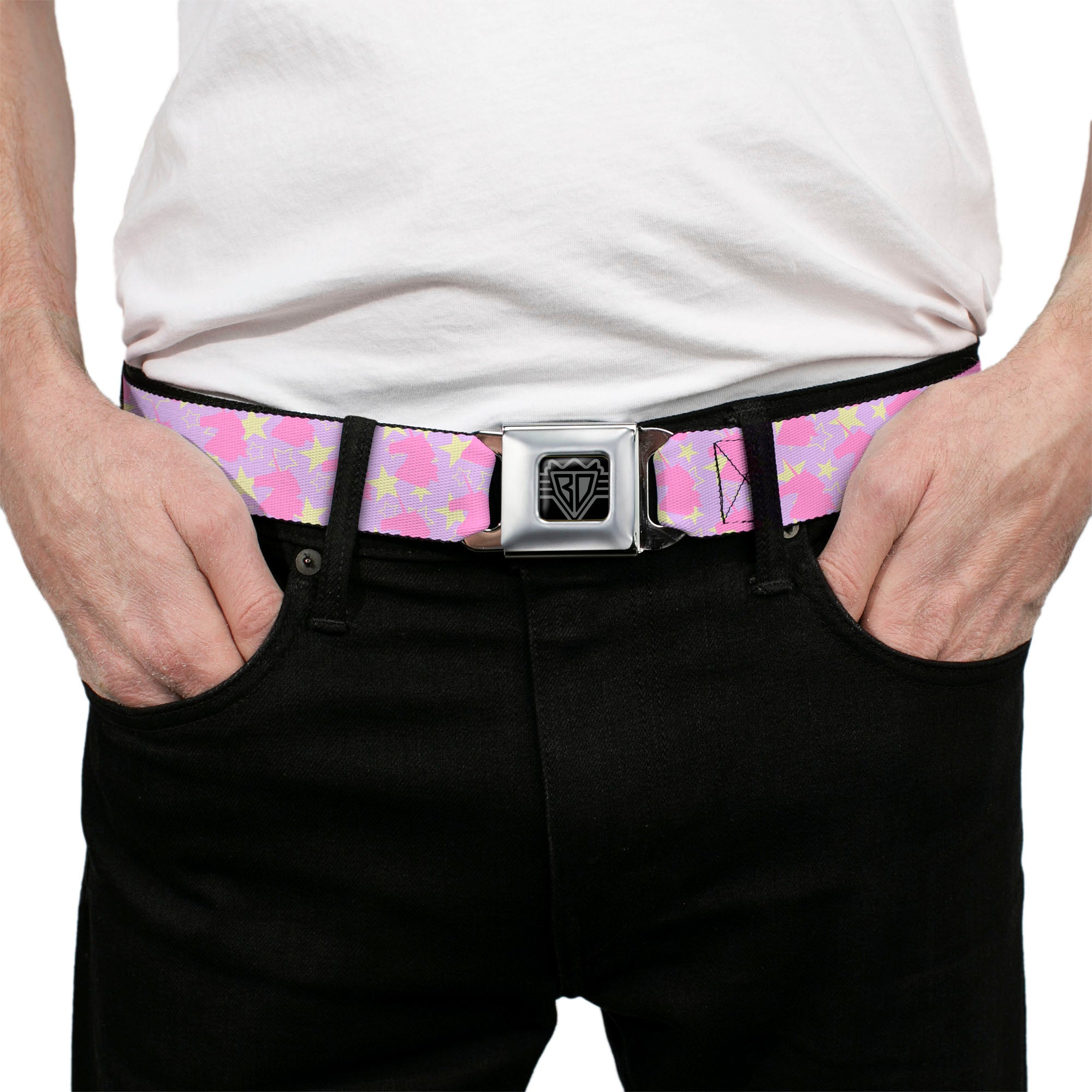 BD Wings Logo CLOSE-UP Full Color Black Silver Seatbelt Belt - Unicorn Icon Monogram/Stars Lavender/Yellow/Pink Webbing Seatbelt Belts Buckle-Down