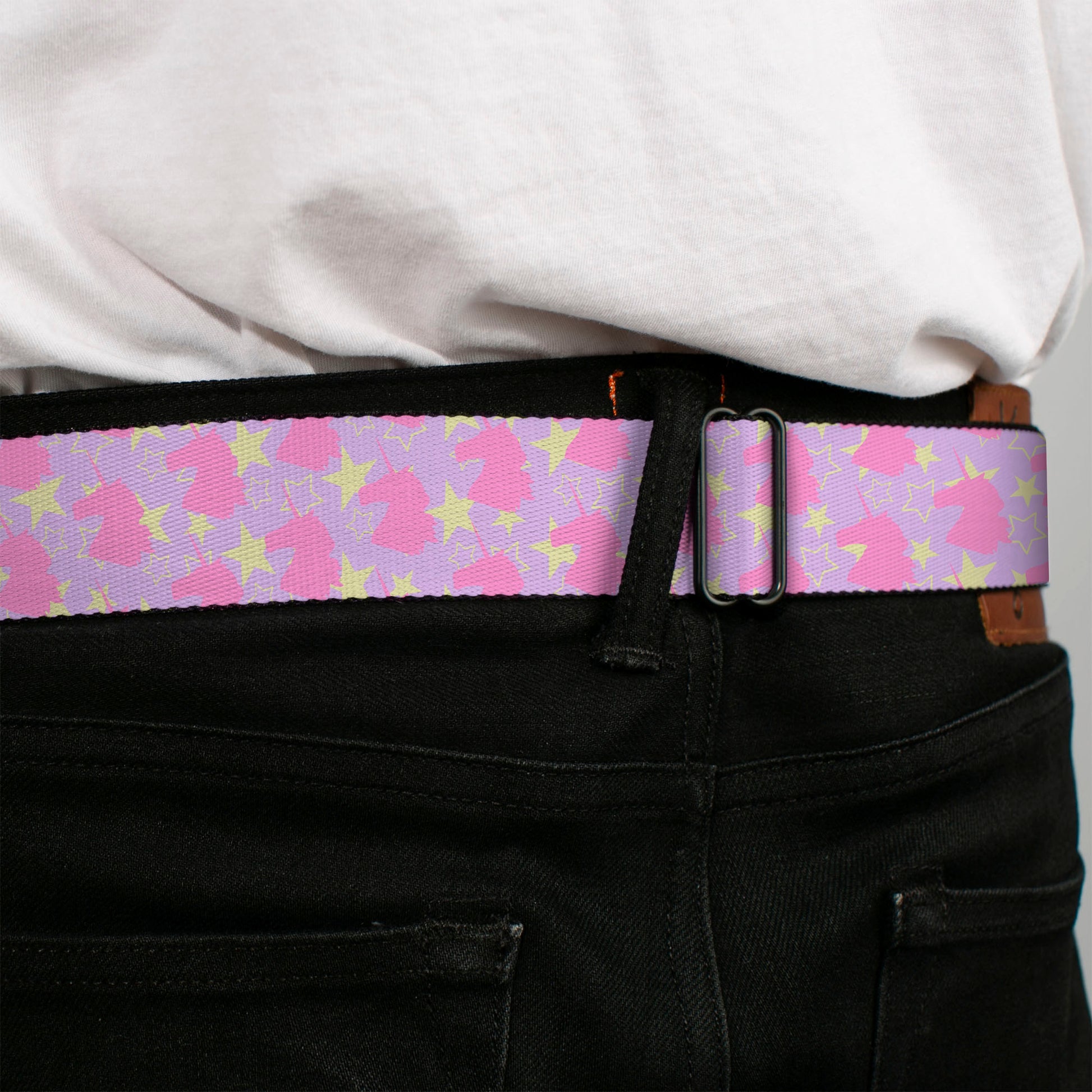BD Wings Logo CLOSE-UP Full Color Black Silver Seatbelt Belt - Unicorn Icon Monogram/Stars Lavender/Yellow/Pink Webbing Seatbelt Belts Buckle-Down