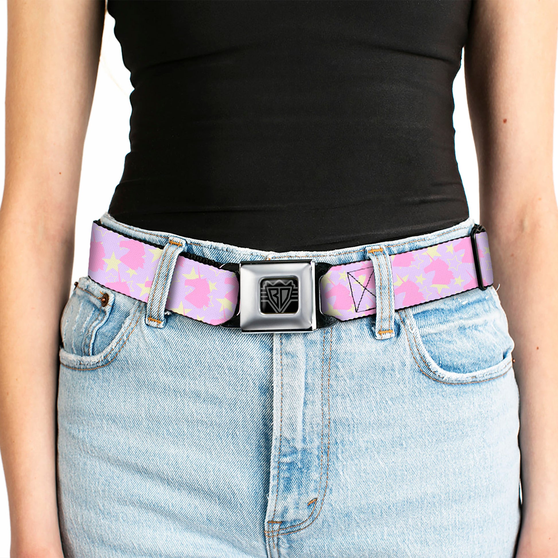 BD Wings Logo CLOSE-UP Full Color Black Silver Seatbelt Belt - Unicorn Icon Monogram/Stars Lavender/Yellow/Pink Webbing Seatbelt Belts Buckle-Down