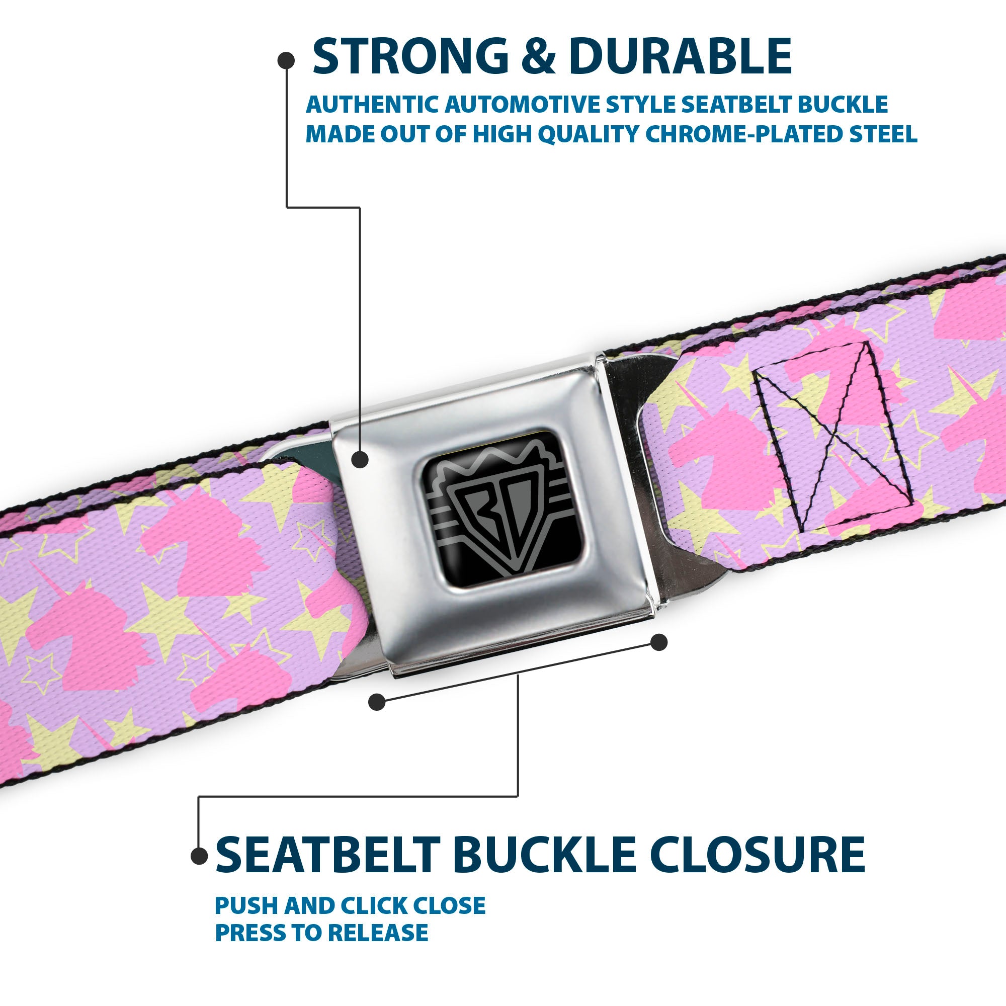 BD Wings Logo CLOSE-UP Full Color Black Silver Seatbelt Belt - Unicorn Icon Monogram/Stars Lavender/Yellow/Pink Webbing Seatbelt Belts Buckle-Down