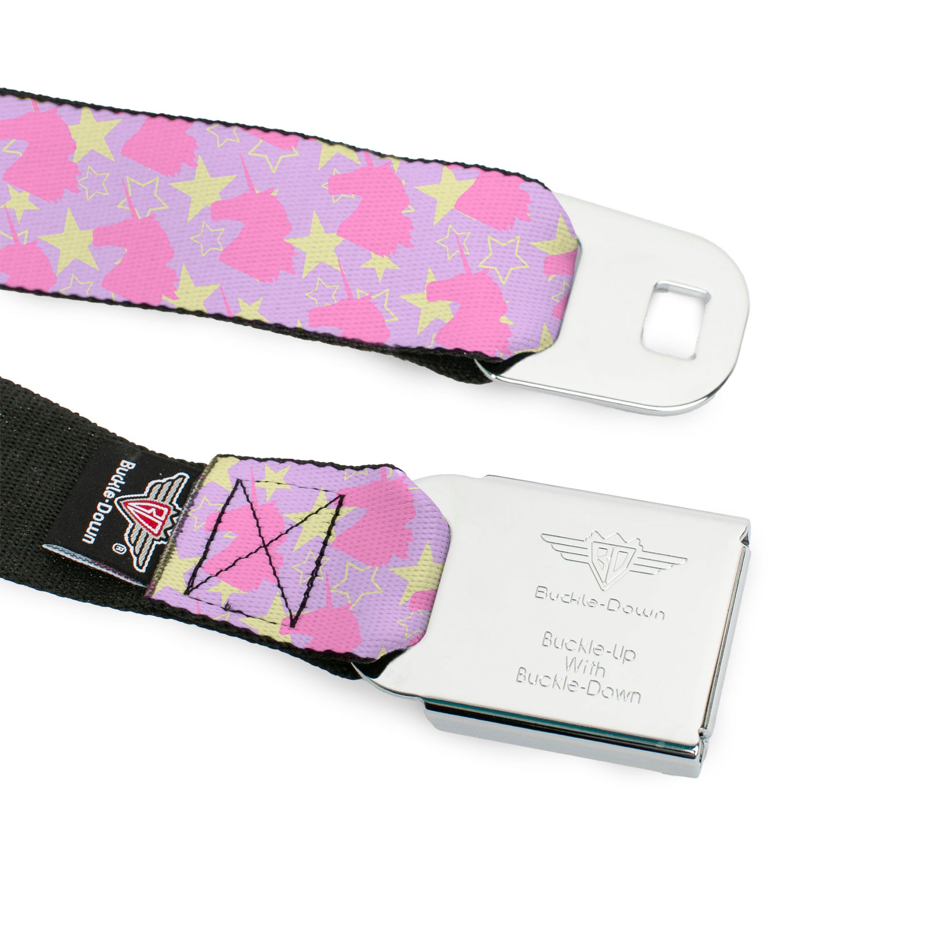 BD Wings Logo CLOSE-UP Full Color Black Silver Seatbelt Belt - Unicorn Icon Monogram/Stars Lavender/Yellow/Pink Webbing Seatbelt Belts Buckle-Down