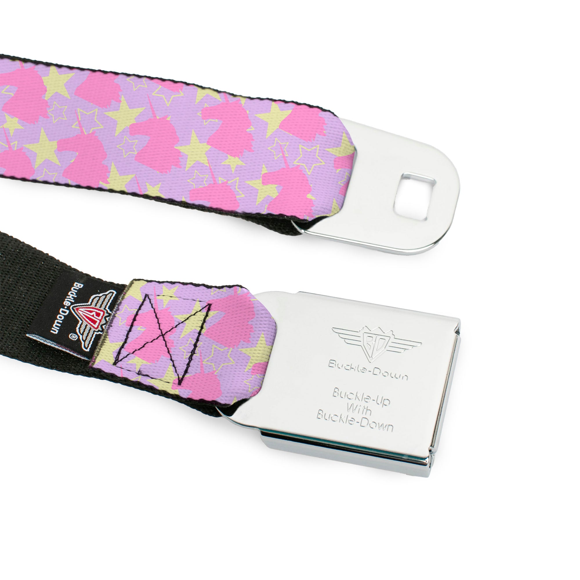 BD Wings Logo CLOSE-UP Full Color Black Silver Seatbelt Belt - Unicorn Icon Monogram/Stars Lavender/Yellow/Pink Webbing Seatbelt Belts Buckle-Down