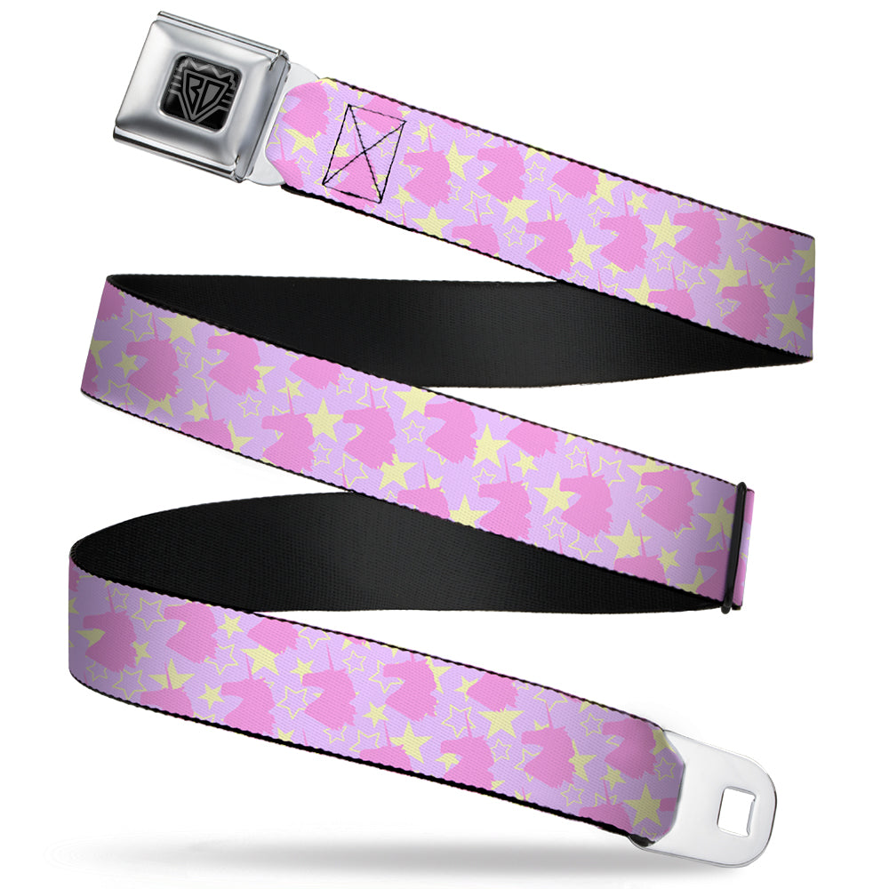 BD Wings Logo CLOSE-UP Full Color Black Silver Seatbelt Belt - Unicorn Icon Monogram/Stars Lavender/Yellow/Pink Webbing Seatbelt Belts Buckle-Down