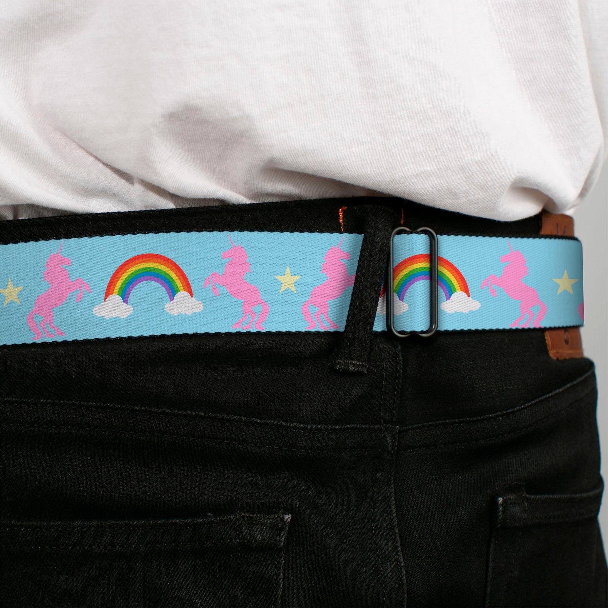 BD Wings Logo CLOSE-UP Full Color Black Silver Seatbelt Belt - Unicorns/Rainbow/Star Baby Blue/Pink/Yellow Webbing Seatbelt Belts Buckle-Down