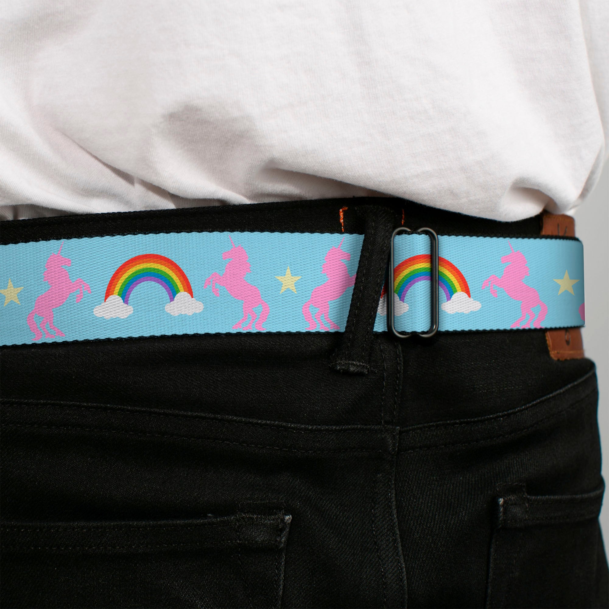 BD Wings Logo CLOSE-UP Full Color Black Silver Seatbelt Belt - Unicorns/Rainbow/Star Baby Blue/Pink/Yellow Webbing Seatbelt Belts Buckle-Down