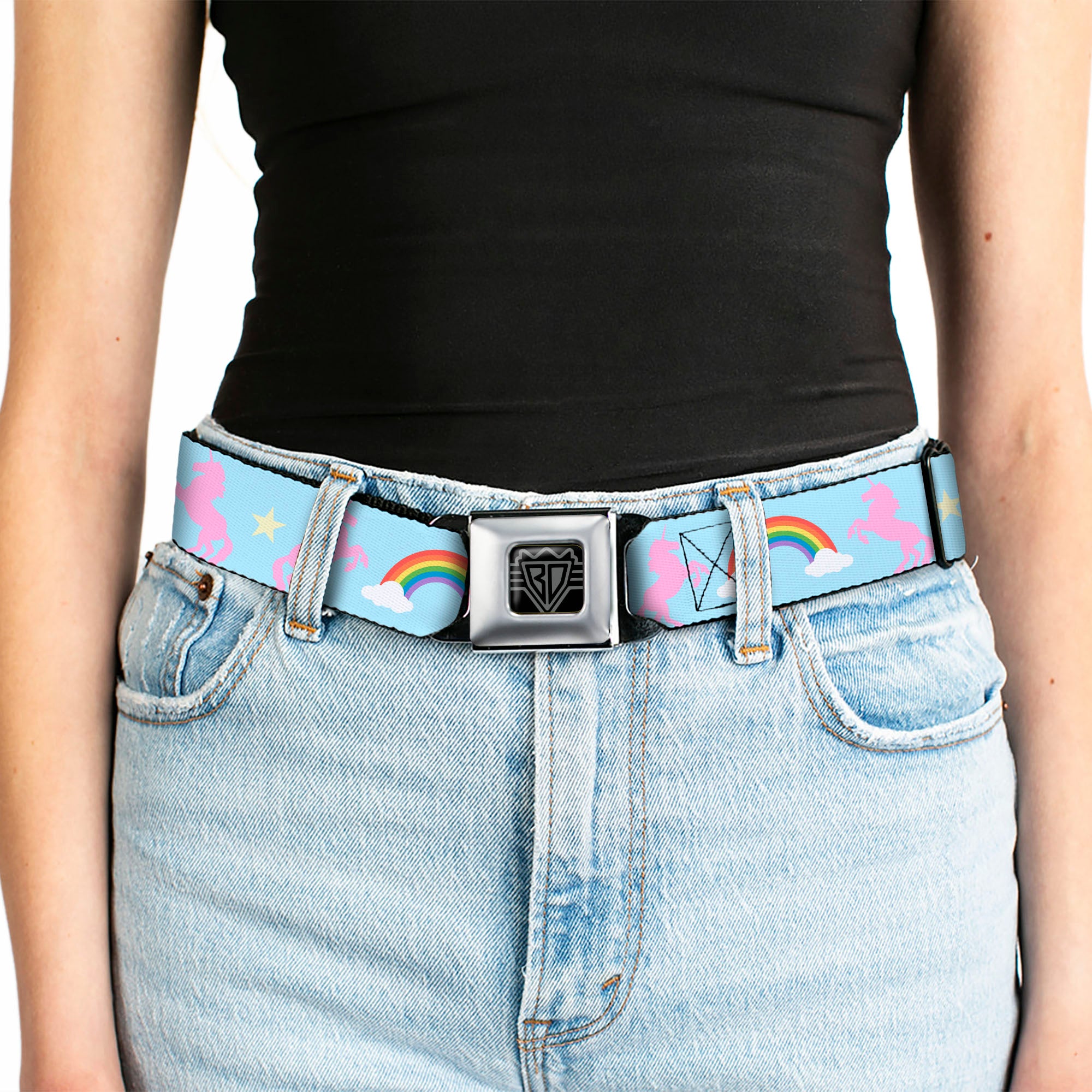 BD Wings Logo CLOSE-UP Full Color Black Silver Seatbelt Belt - Unicorns/Rainbow/Star Baby Blue/Pink/Yellow Webbing Seatbelt Belts Buckle-Down