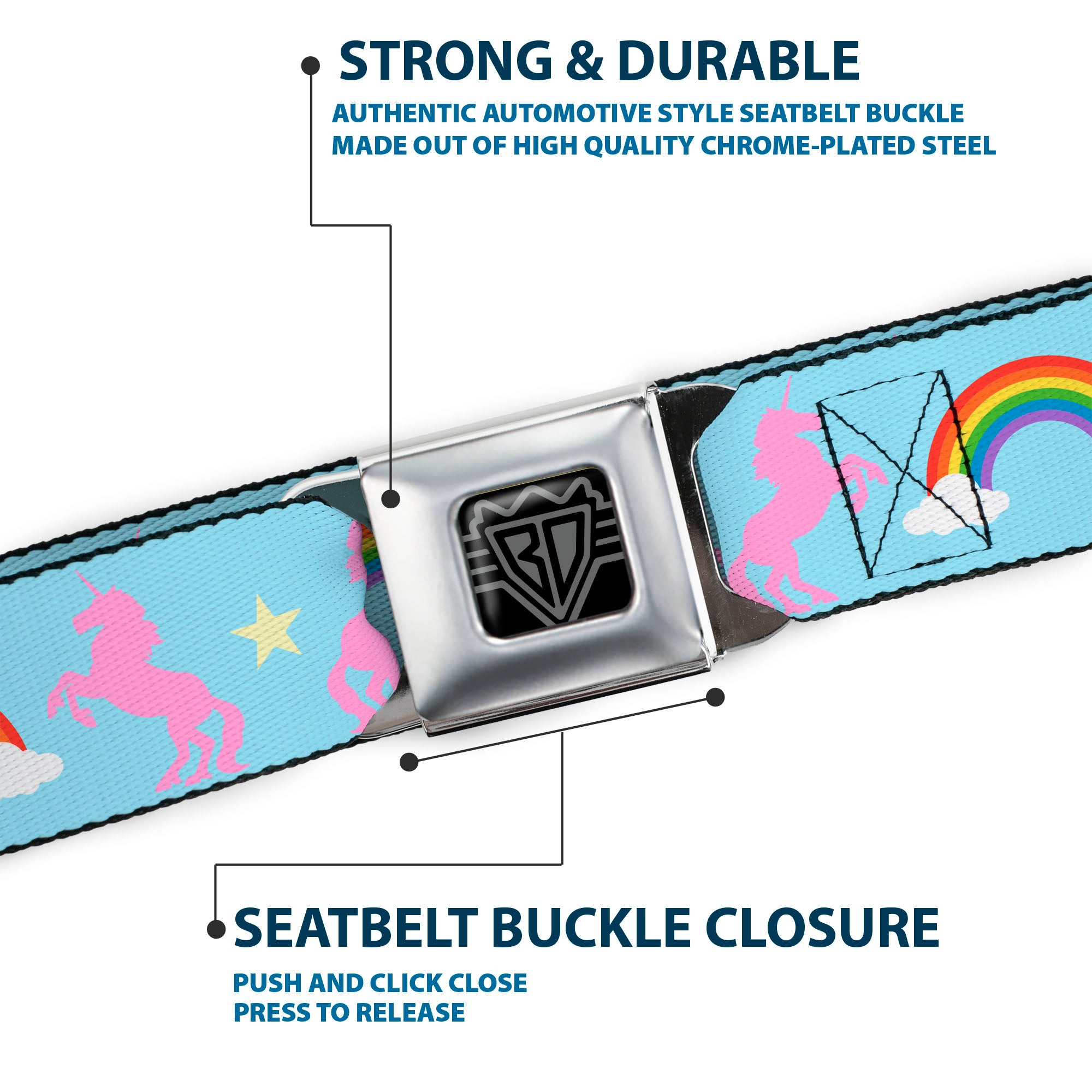 BD Wings Logo CLOSE-UP Full Color Black Silver Seatbelt Belt - Unicorns/Rainbow/Star Baby Blue/Pink/Yellow Webbing Seatbelt Belts Buckle-Down