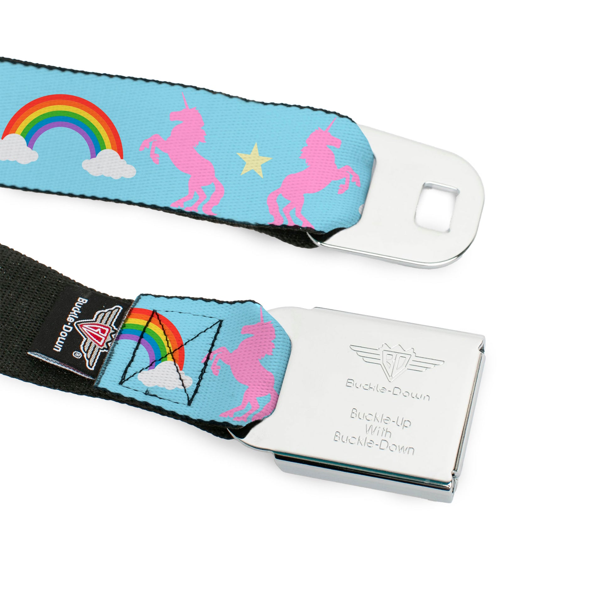 BD Wings Logo CLOSE-UP Full Color Black Silver Seatbelt Belt - Unicorns/Rainbow/Star Baby Blue/Pink/Yellow Webbing Seatbelt Belts Buckle-Down