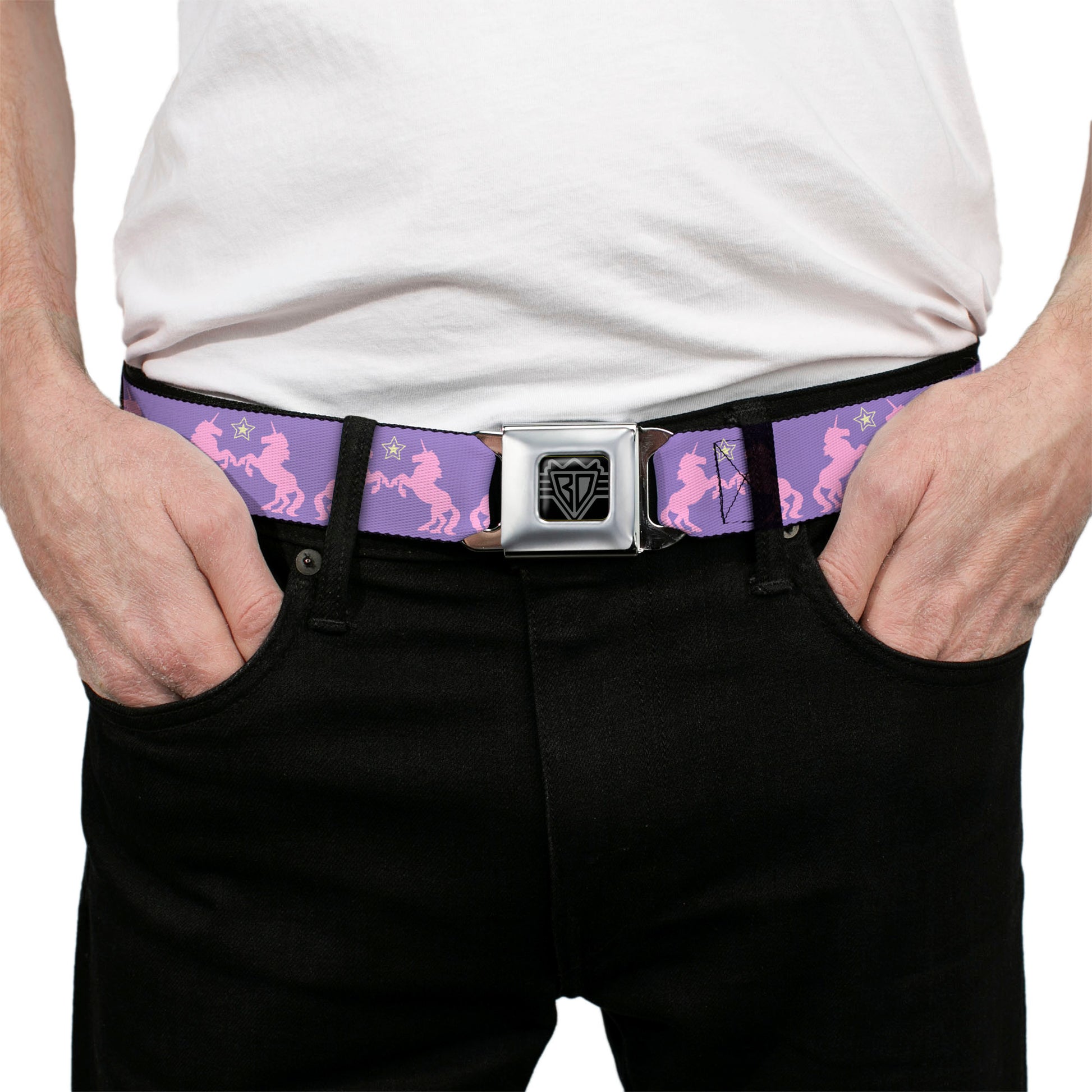 BD Wings Logo CLOSE-UP Full Color Black Silver Seatbelt Belt - Unicorns/Star Lavender/Pink/Yellow Webbing Seatbelt Belts Buckle-Down