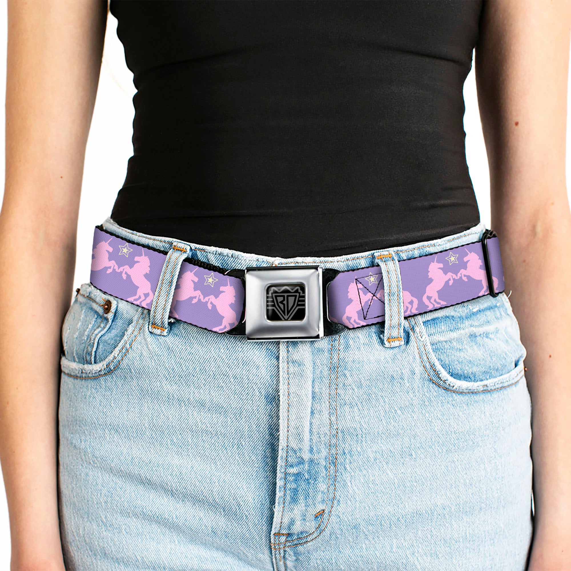 BD Wings Logo CLOSE-UP Full Color Black Silver Seatbelt Belt - Unicorns/Star Lavender/Pink/Yellow Webbing Seatbelt Belts Buckle-Down