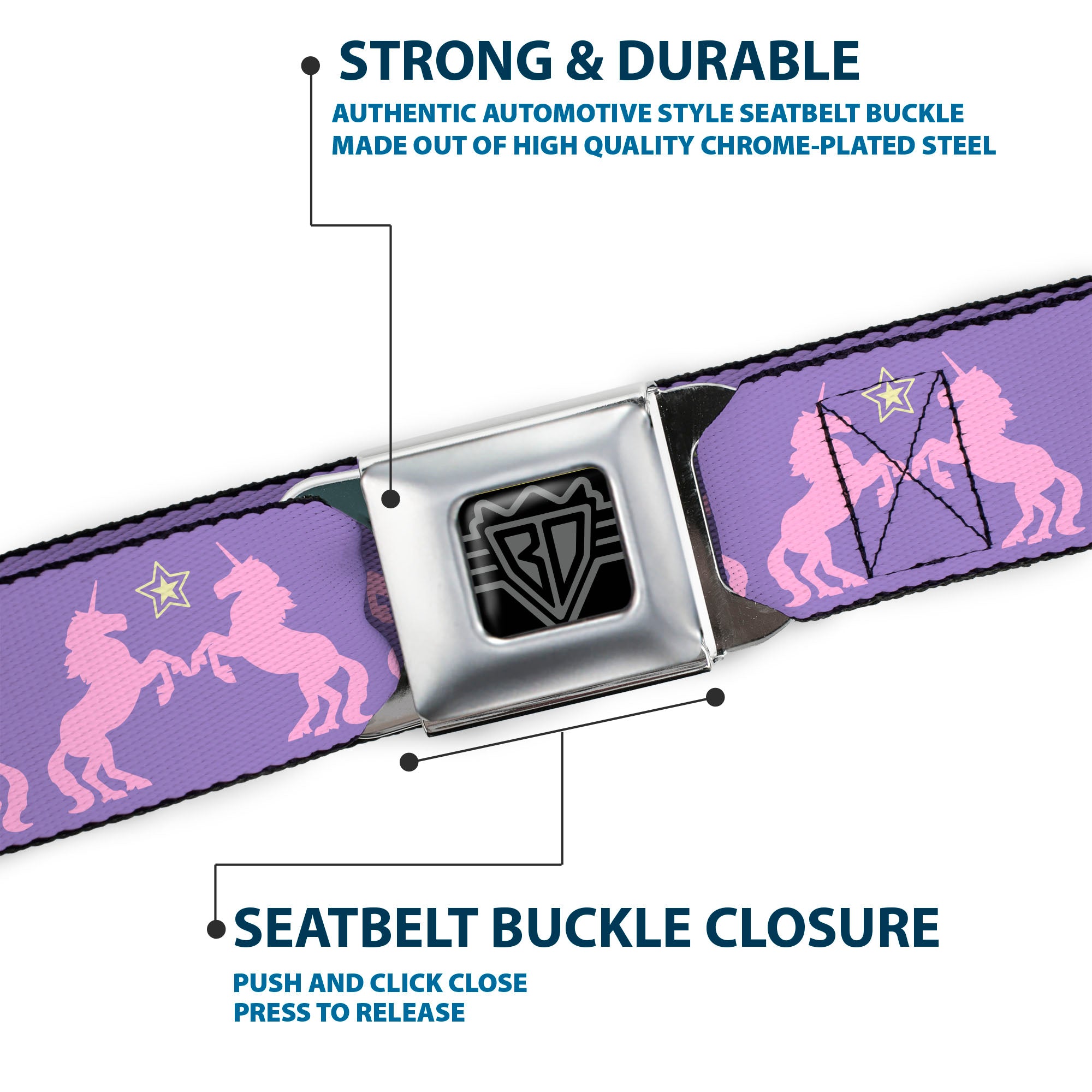 BD Wings Logo CLOSE-UP Full Color Black Silver Seatbelt Belt - Unicorns/Star Lavender/Pink/Yellow Webbing Seatbelt Belts Buckle-Down