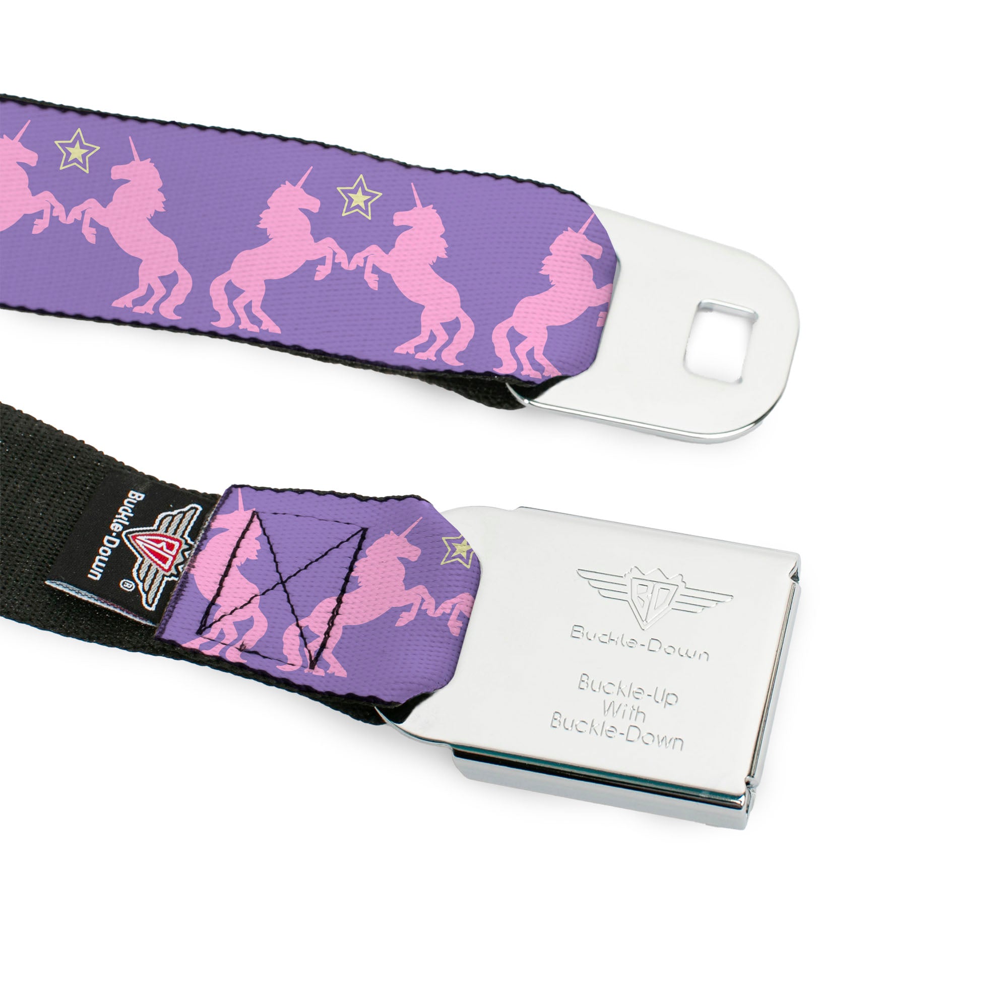 BD Wings Logo CLOSE-UP Full Color Black Silver Seatbelt Belt - Unicorns/Star Lavender/Pink/Yellow Webbing Seatbelt Belts Buckle-Down