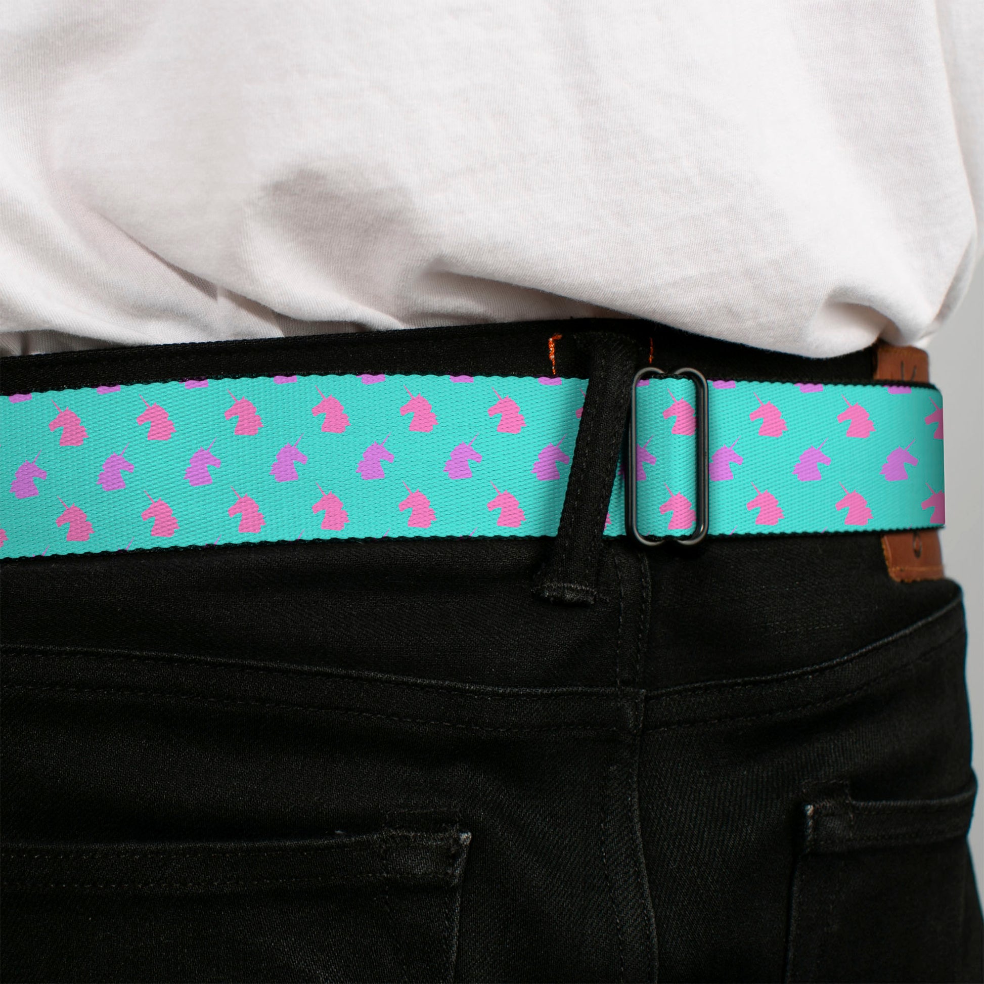 BD Wings Logo CLOSE-UP Full Color Black Silver Seatbelt Belt - Unicorn Icons Alternating Light Aqua/Pink/Lavender Webbing Seatbelt Belts Buckle-Down