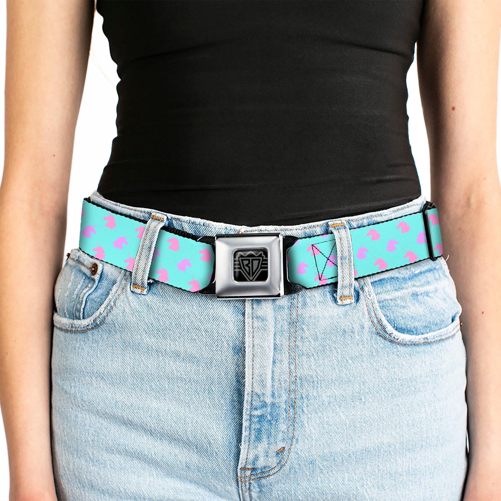 BD Wings Logo CLOSE-UP Full Color Black Silver Seatbelt Belt - Unicorn Icons Alternating Light Aqua/Pink/Lavender Webbing Seatbelt Belts Buckle-Down