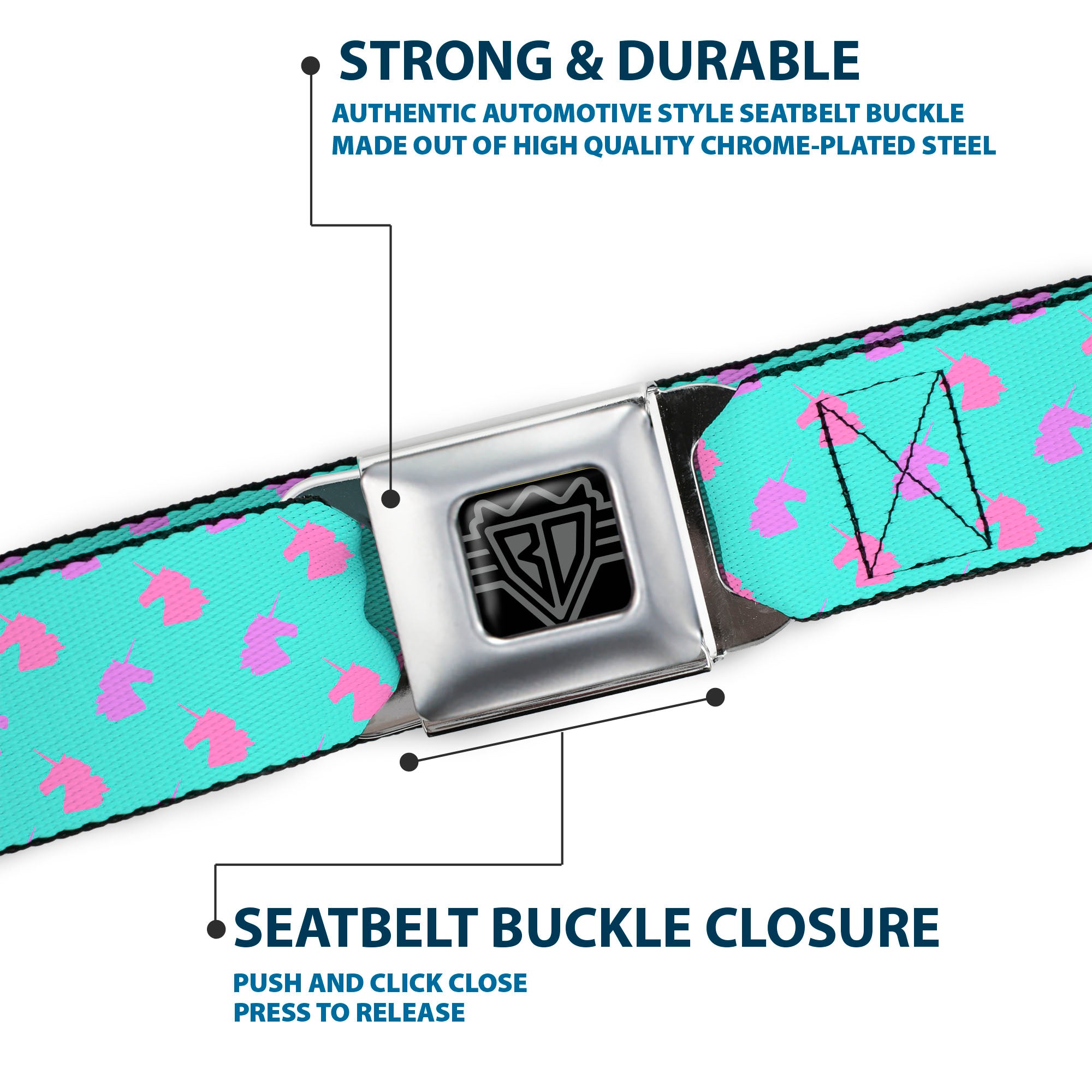 BD Wings Logo CLOSE-UP Full Color Black Silver Seatbelt Belt - Unicorn Icons Alternating Light Aqua/Pink/Lavender Webbing Seatbelt Belts Buckle-Down