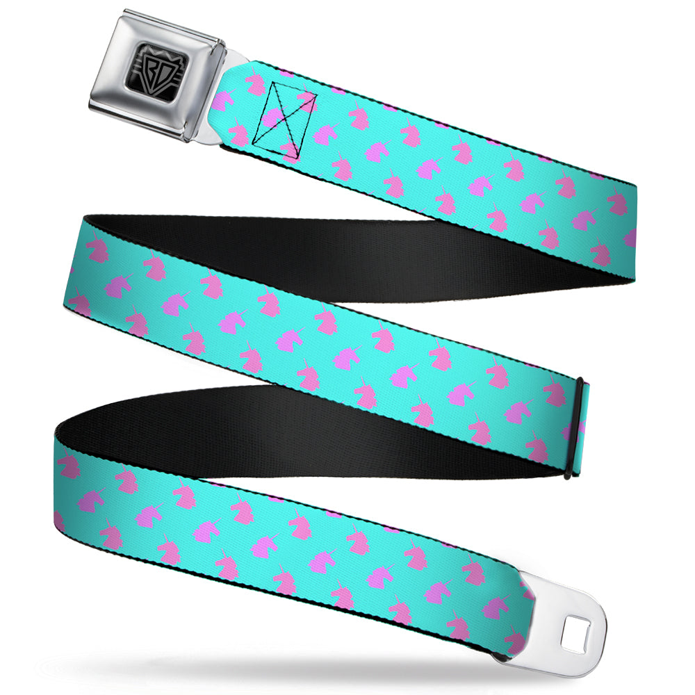 BD Wings Logo CLOSE-UP Full Color Black Silver Seatbelt Belt - Unicorn Icons Alternating Light Aqua/Pink/Lavender Webbing Seatbelt Belts Buckle-Down