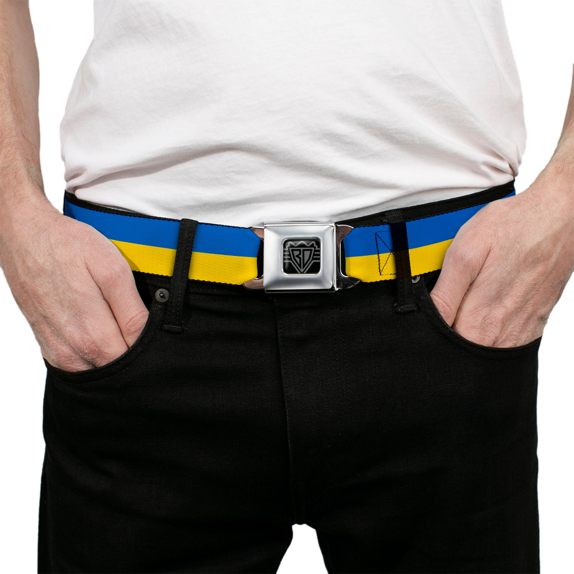 BD Wings Logo CLOSE-UP Black/Silver Seatbelt Belt - Ukraine Flag Continuous Webbing Seatbelt Belts Buckle-Down